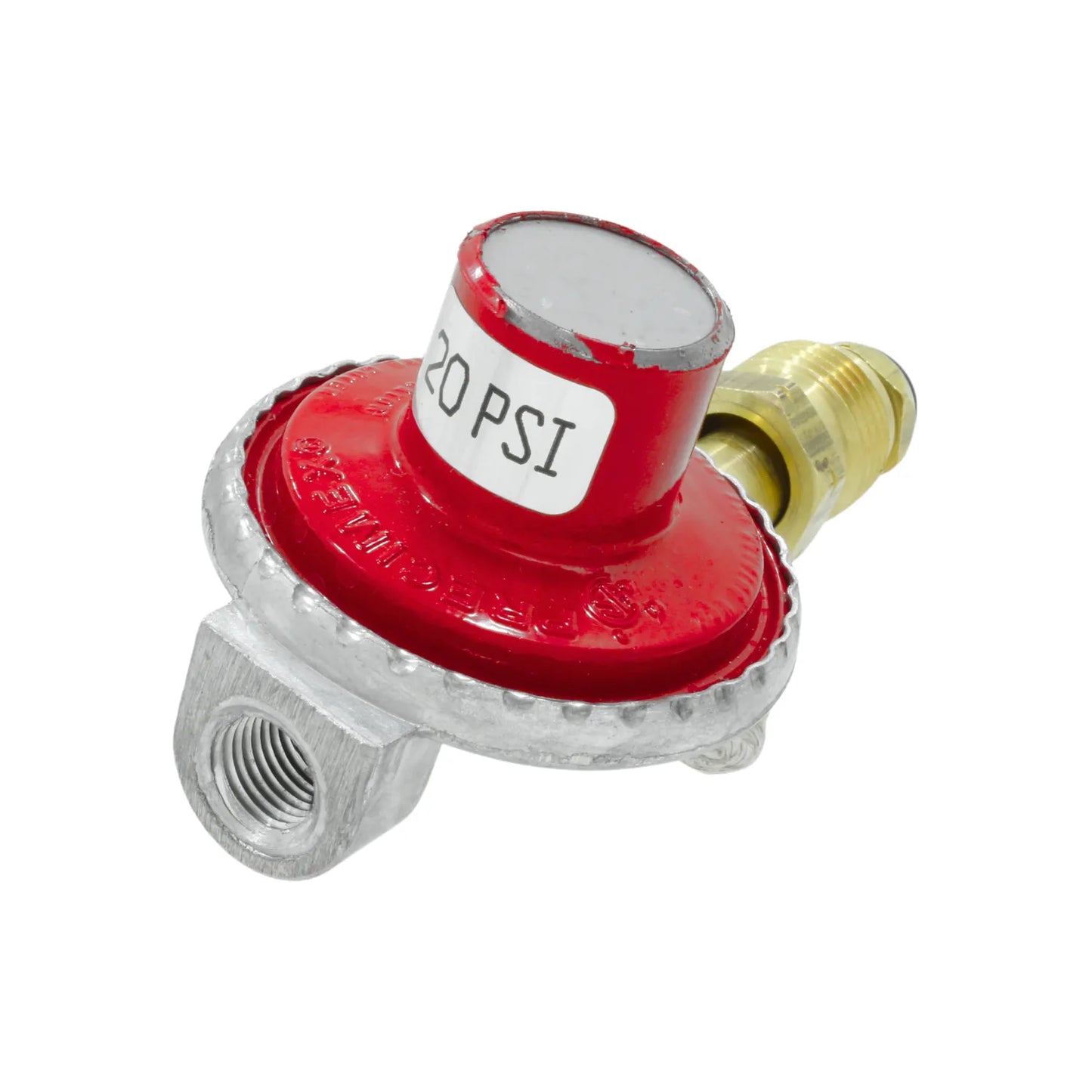 Regulador de presión de gas propano 20 PSI rojo y aluminio para tanque, con conexión roscada de latón.