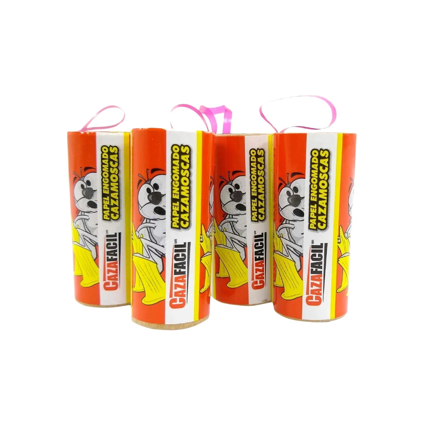 4 trampas para moscas Cazafacil de papel engomado, cilíndricas rojas y amarillas con colgador rosa