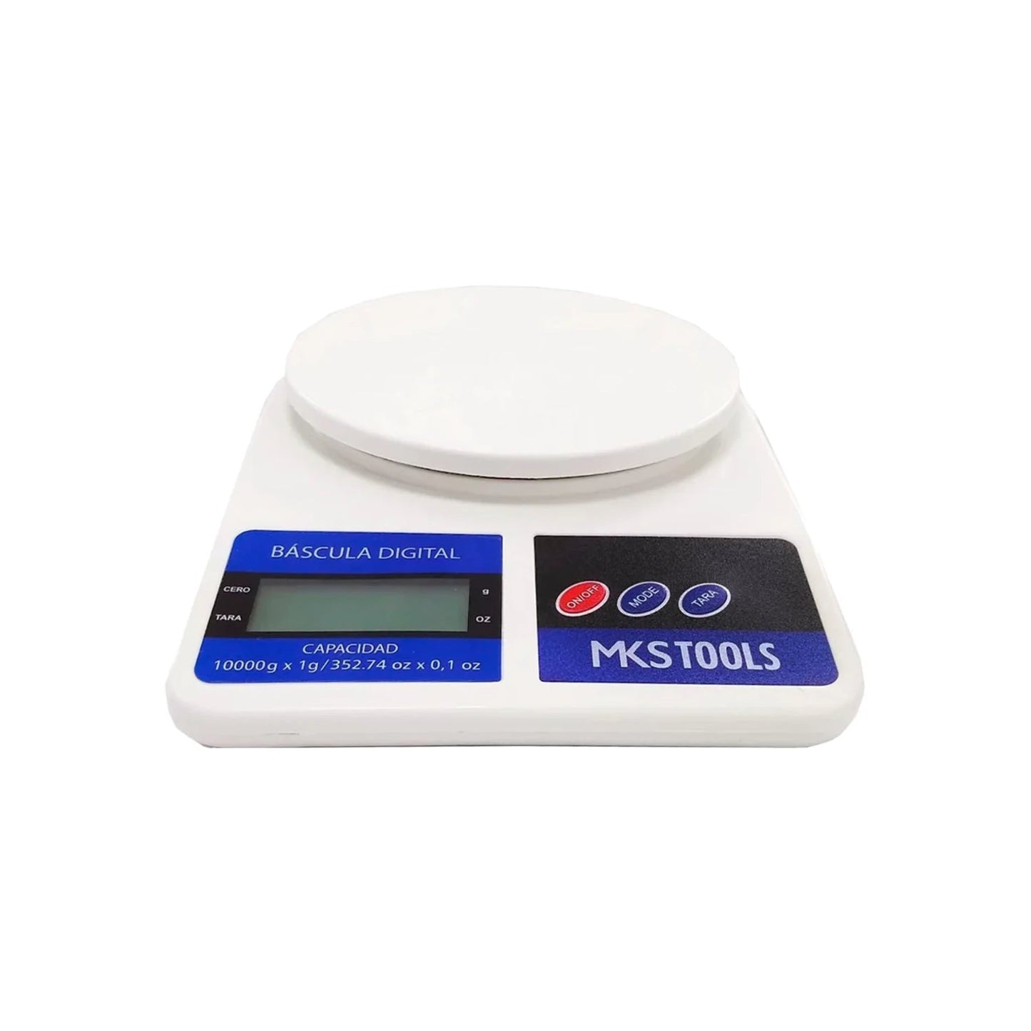Báscula digital blanca MKS TOOLS, capacidad 10kg / 352oz, ideal para cocina y tareas de precisión.
