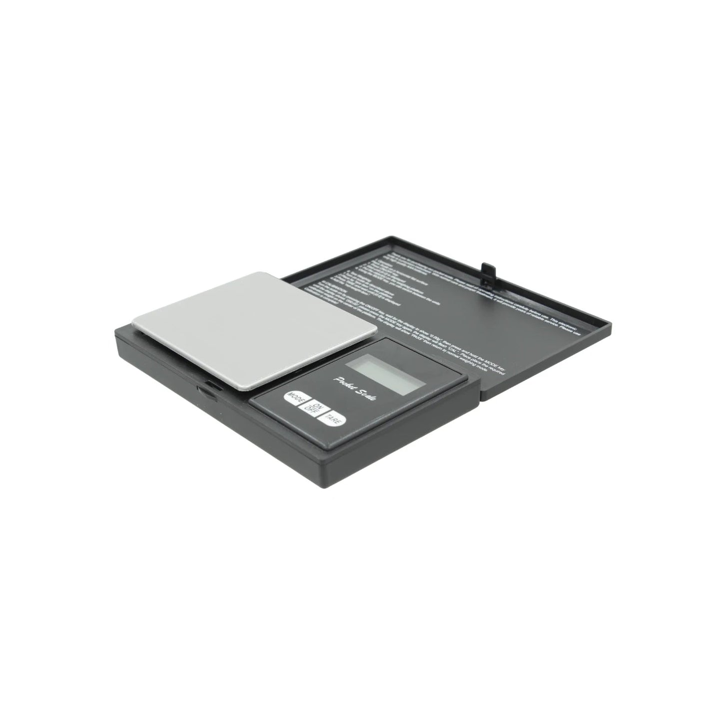 Báscula digital de bolsillo gris, capacidad 500g, pantalla LCD, botones de modo y tara para pesaje de precisión