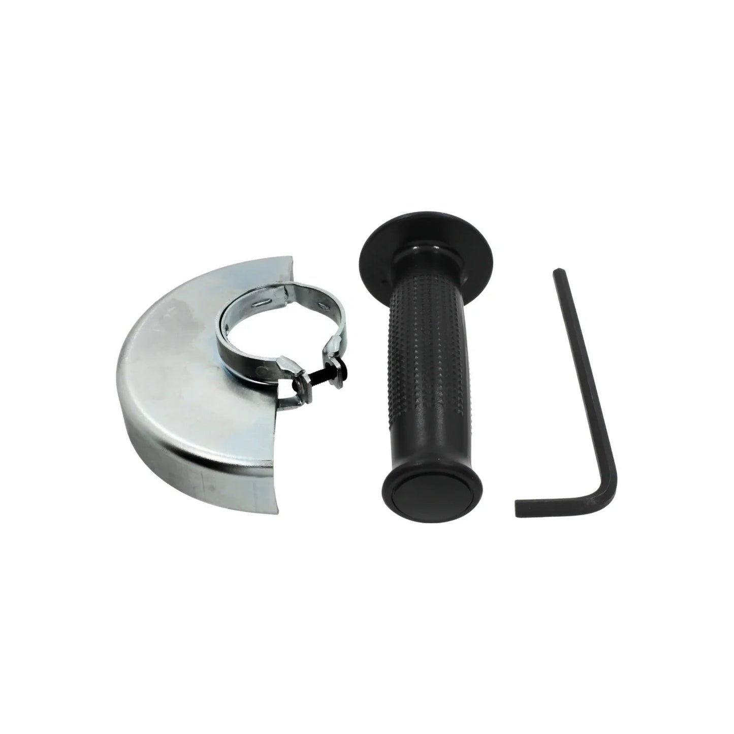 Protector metálico para esmeriladora, mango auxiliar negro y llave Allen hexagonal.
