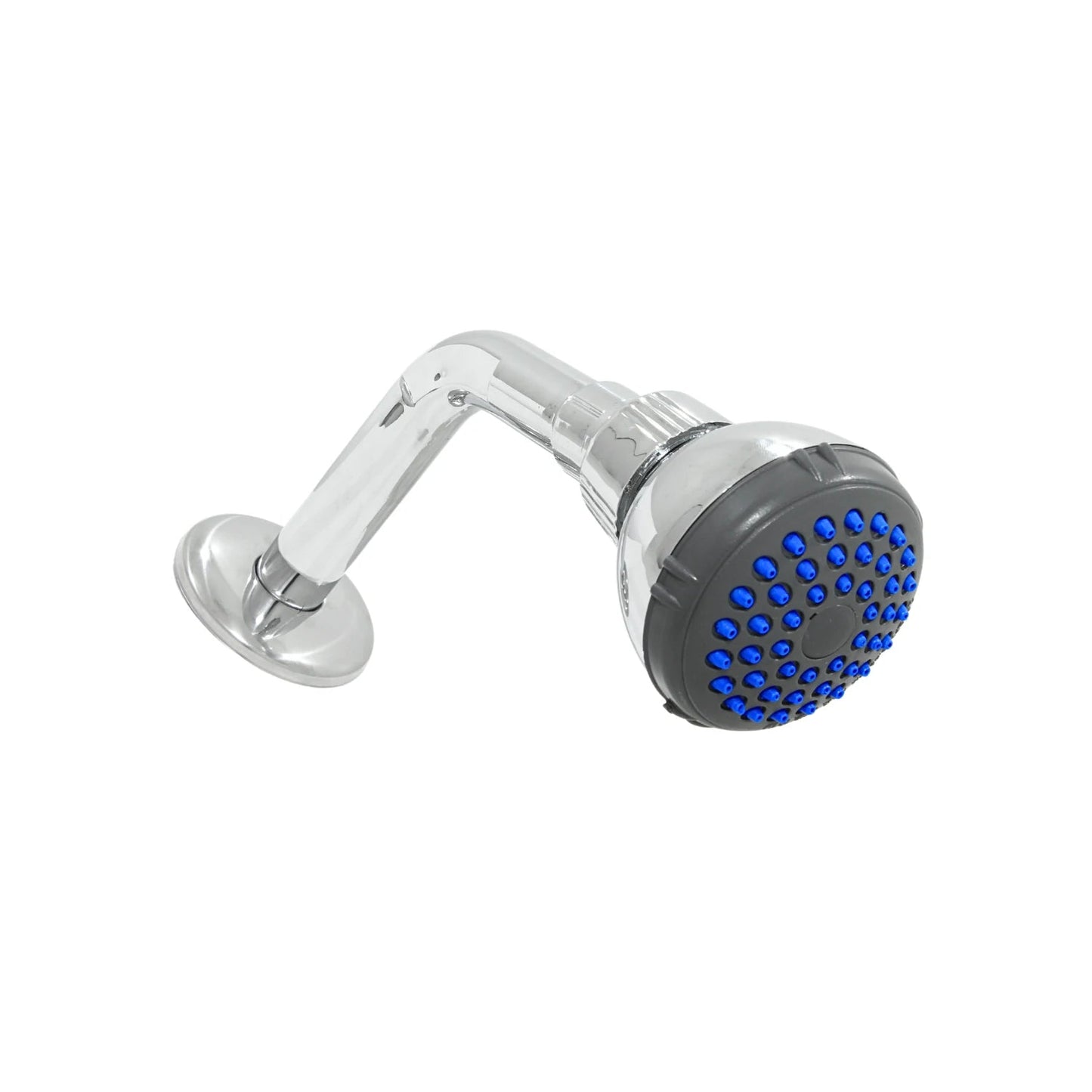 Regadera redonda de 2.5 pulgadas con brazo cromado, cabeza gris y boquillas azules de ABS para baño.