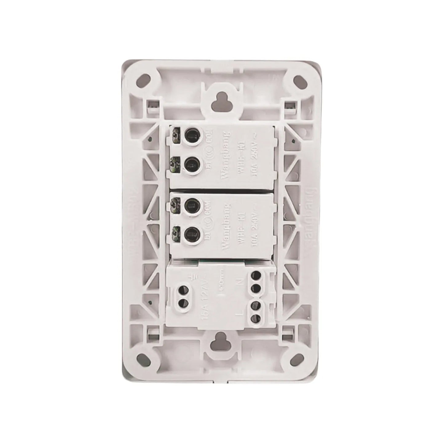 Parte trasera de placa eléctrica blanca Wangbang con 2 apagadores 10A 250V y 1 contacto 15A 127V, terminales de cableado.