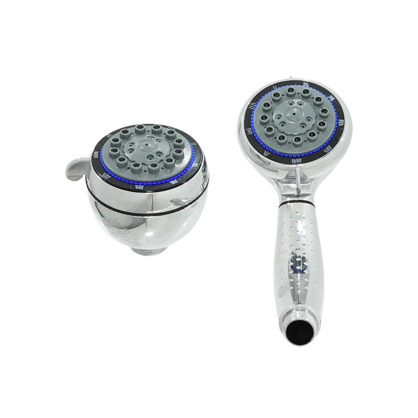 Regadera de teléfono cromada con 5 funciones y cabezal ajustable gris y detalles azules.