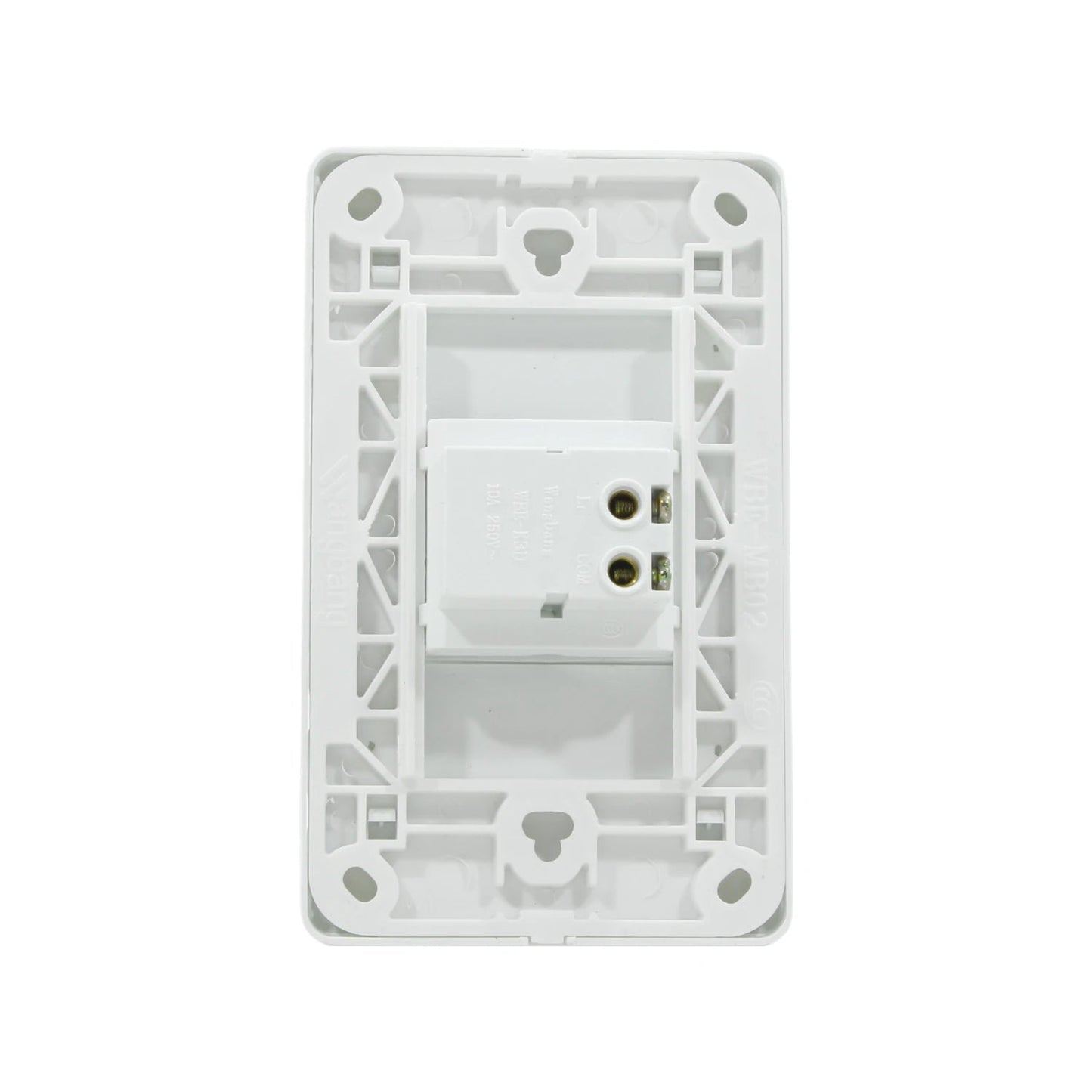 Placa blanca para timbre con módulo interruptor push-button WanZhanBao 10A 250V, vista posterior.