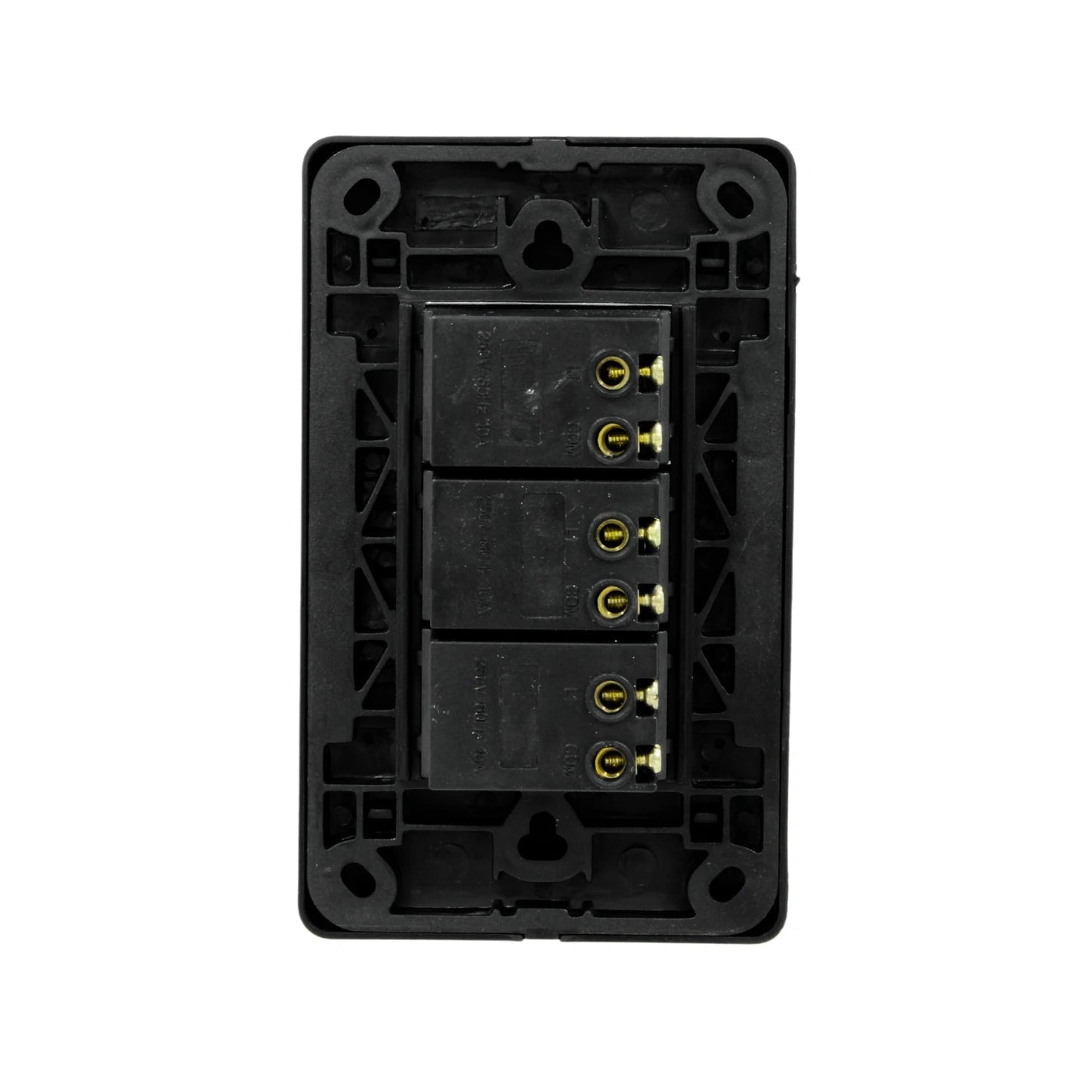 Parte trasera de placa negra para 3 apagadores con módulos individuales, terminales de tornillo para conexión eléctrica 240V 10A.