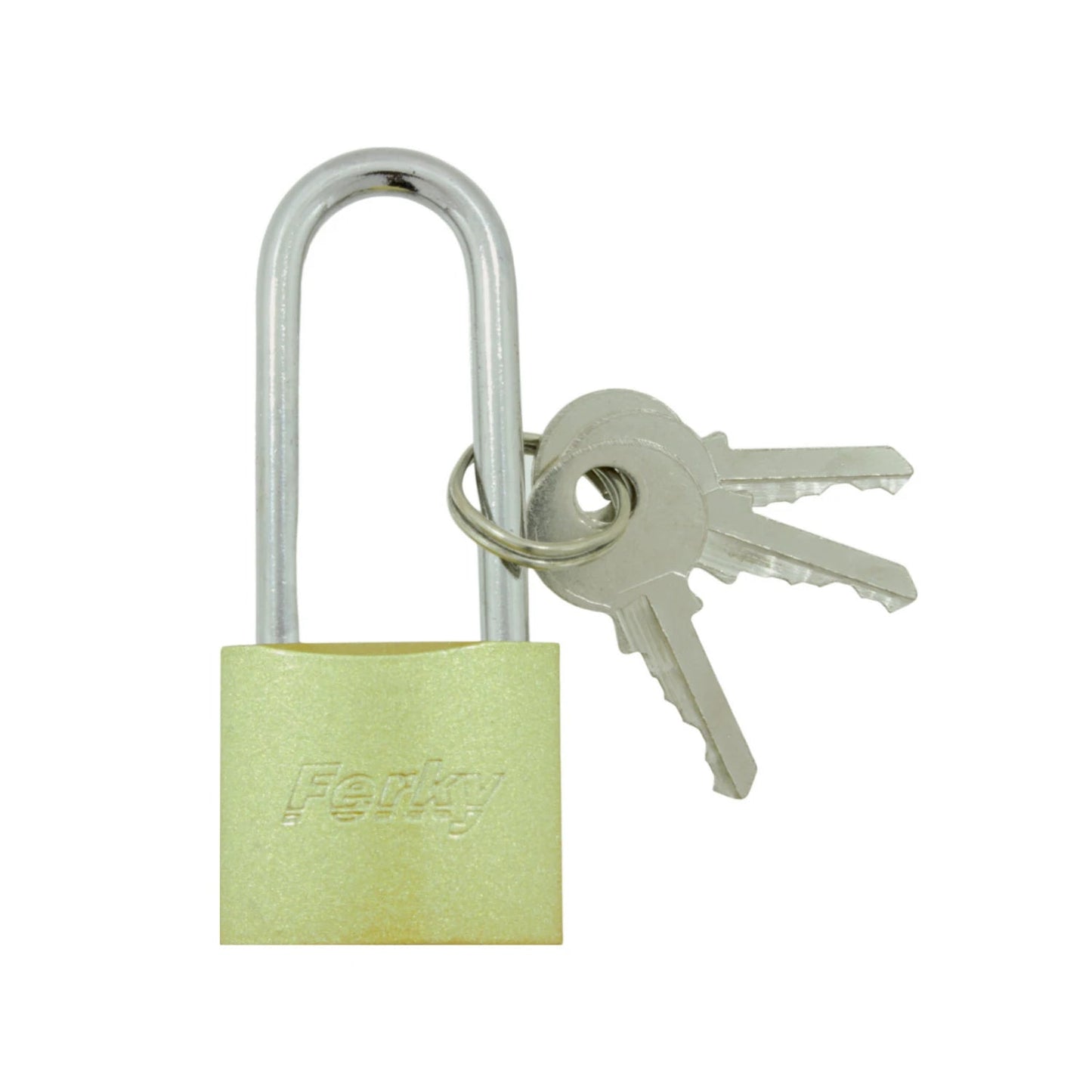 Candado Ferky de cuerpo dorado con gancho largo cromado y 3 llaves de seguridad