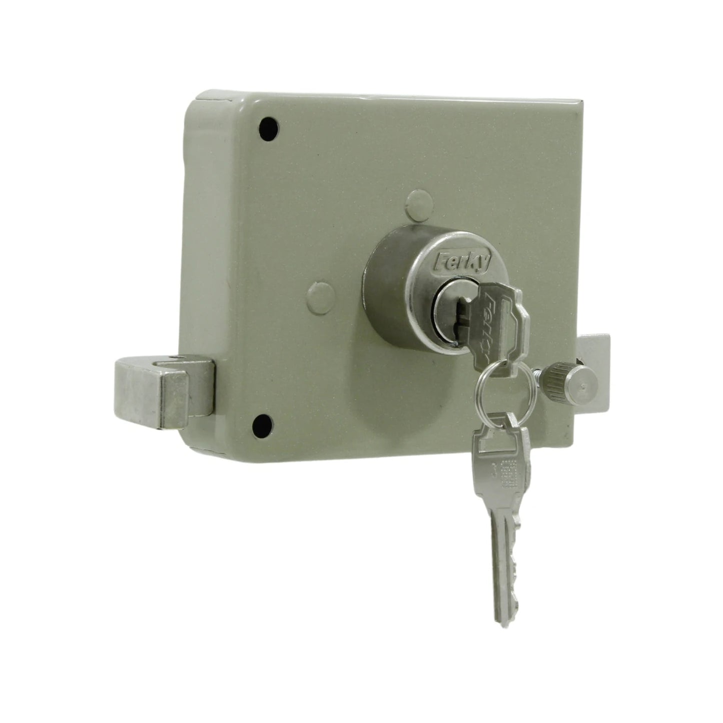 Cerradura de sobreponer Ferky beige con llave insertada en cilindro de seguridad.