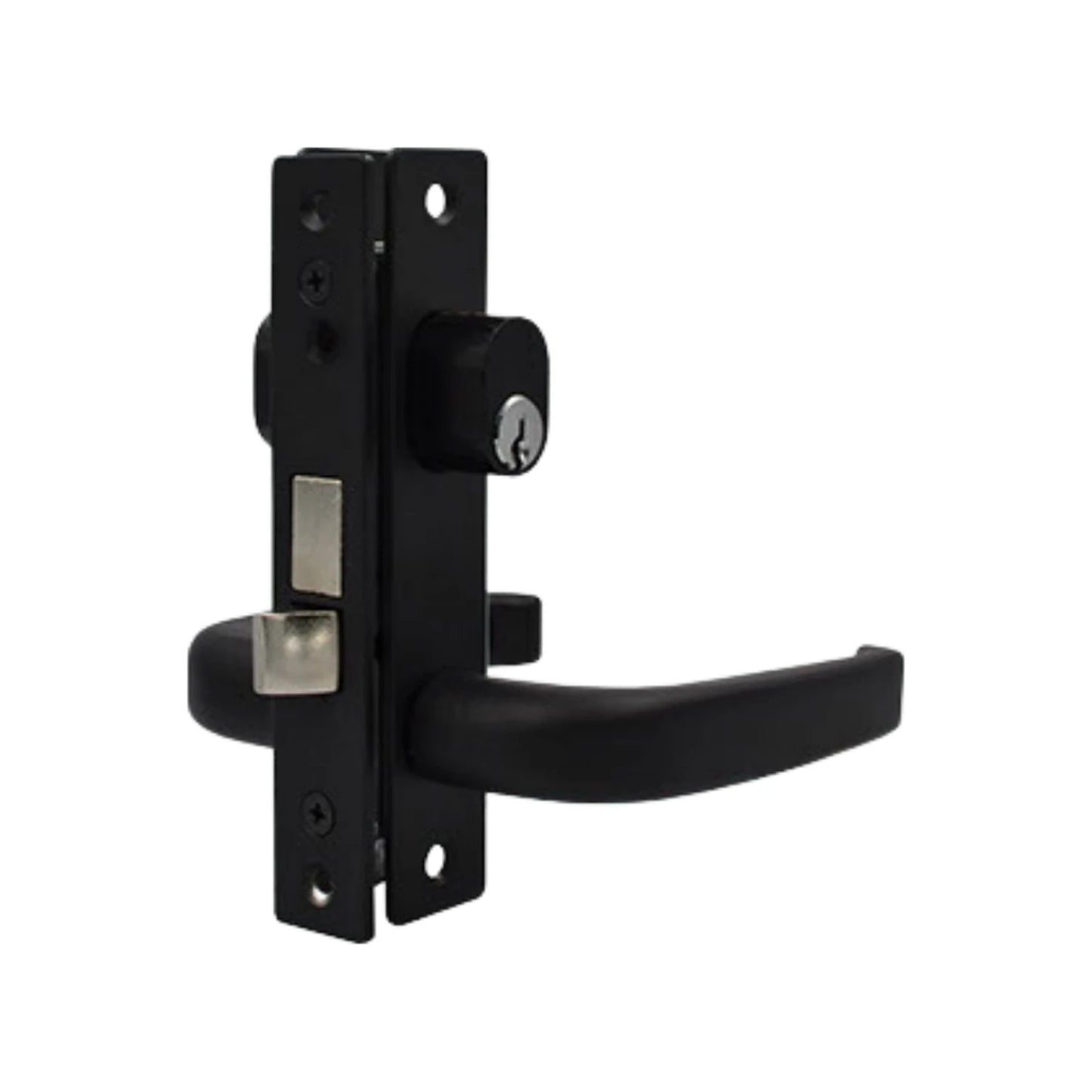 Chapa negra de sobreponer para puerta de aluminio con manija y bombín