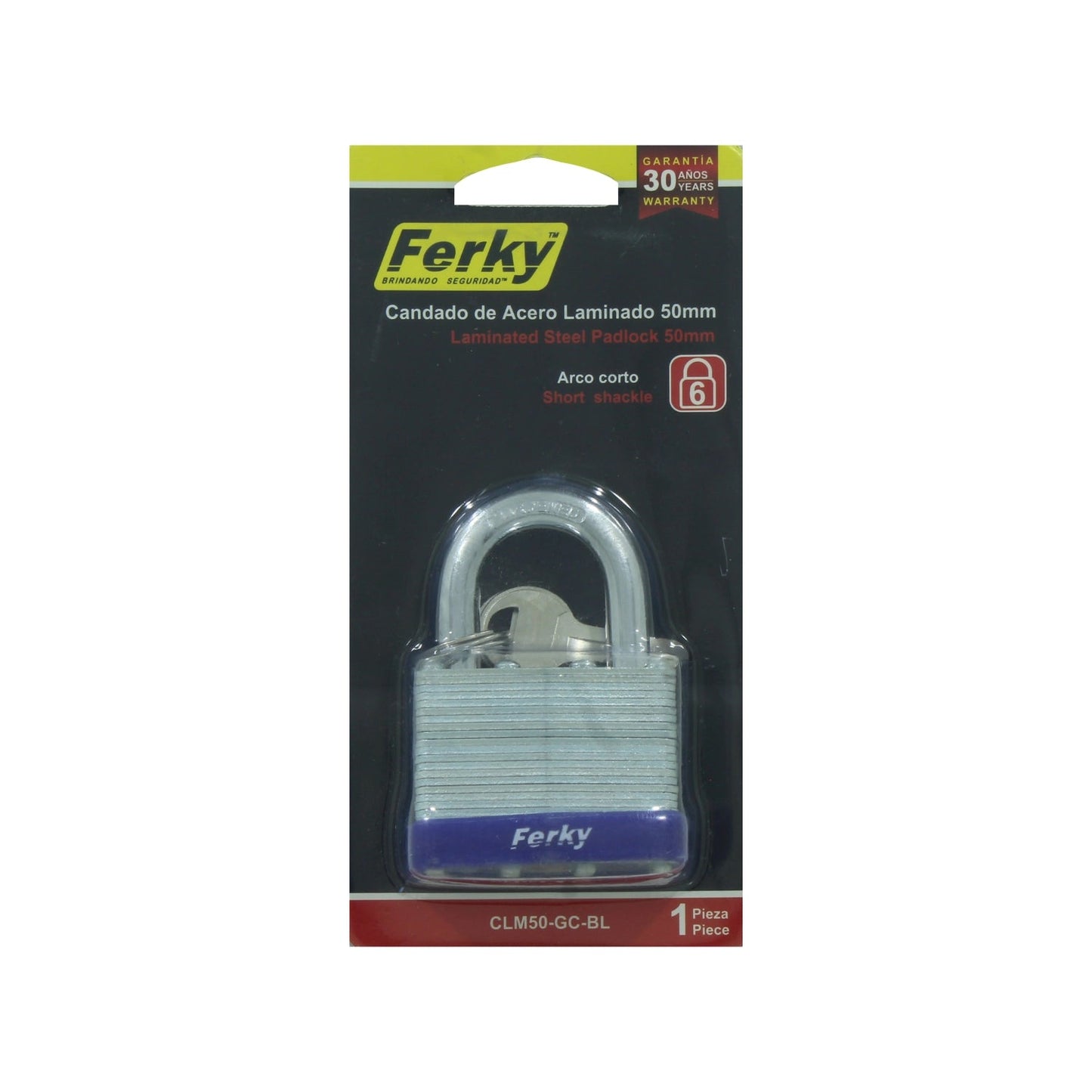 Candado Ferky laminado de acero 50mm con gancho corto, plateado con base azul para alta seguridad.