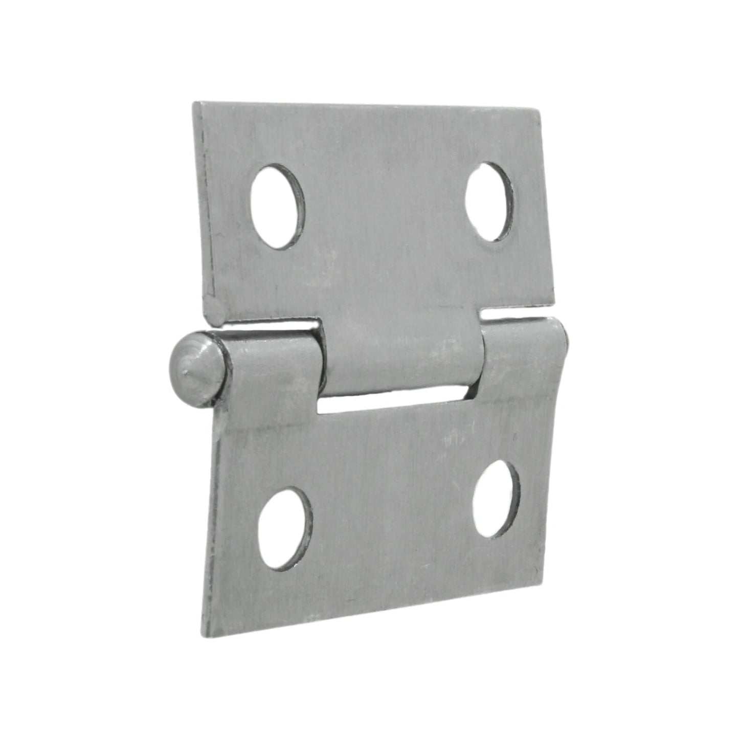 Bisagra de acero satinado con 4 orificios de fijación, ideal para puertas y muebles.