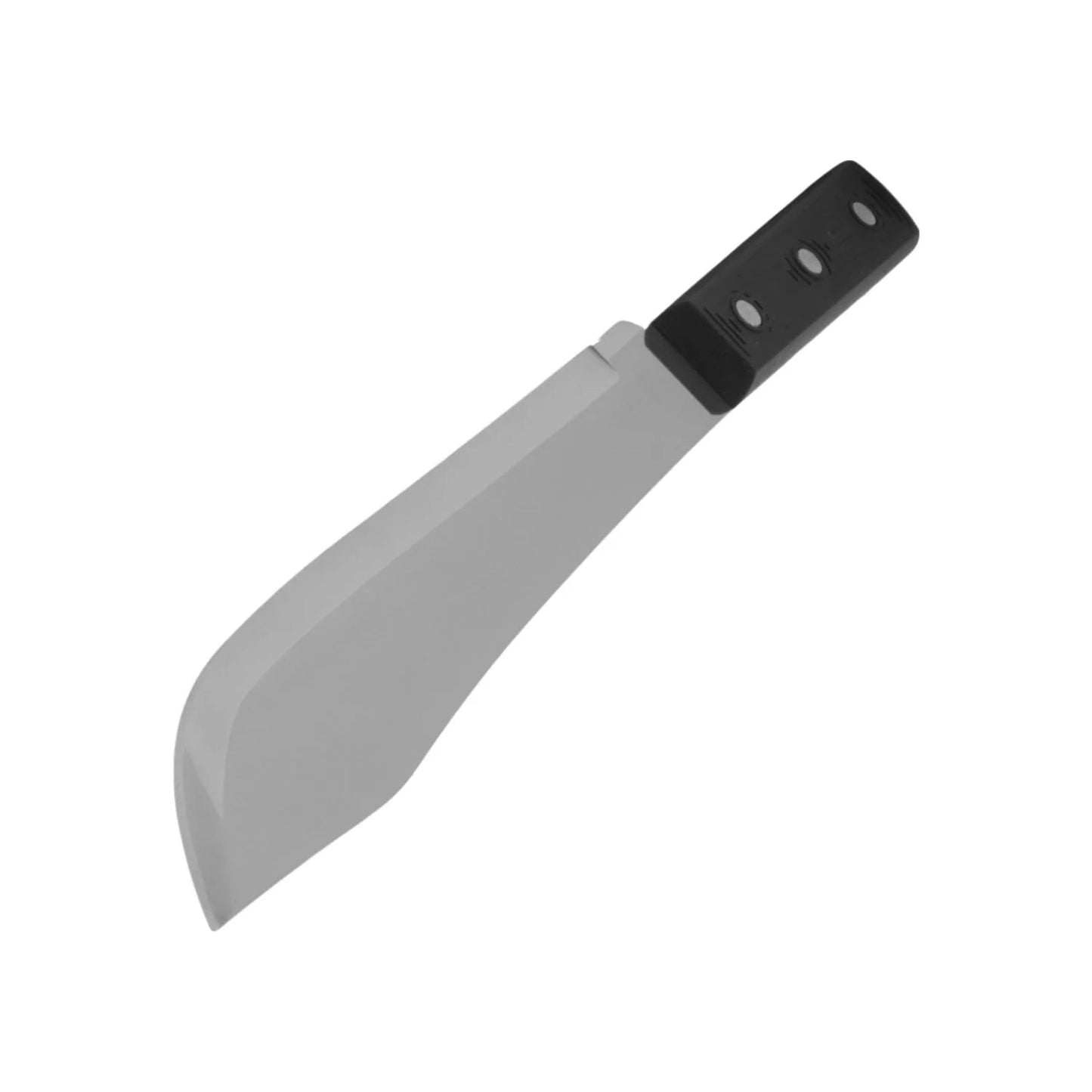 Cuchillo multiusos hoja ancha de acero, mango negro con remaches, uso rudo ferretería