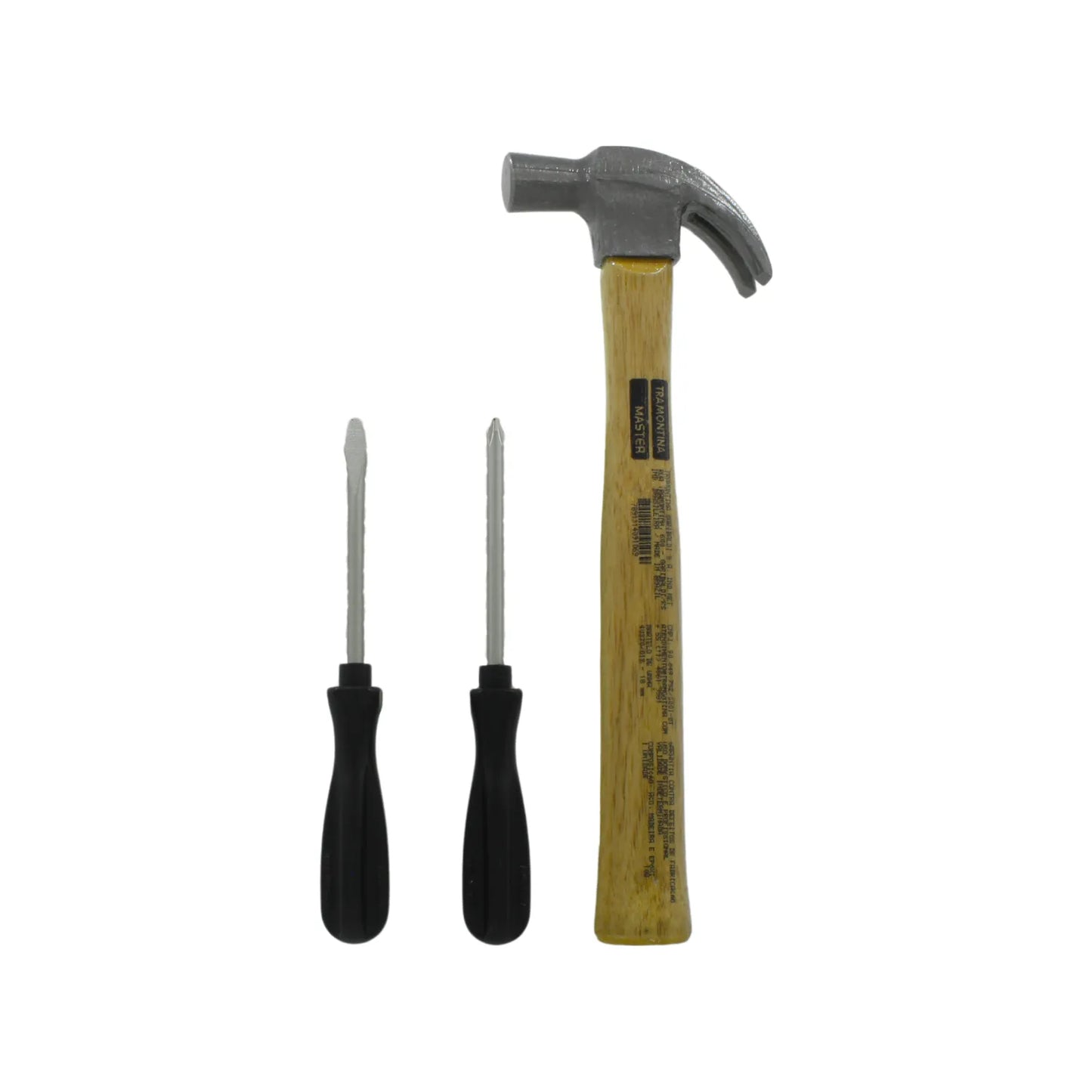 Juego de herramientas Tramontina: martillo de uña mango madera y destornilladores plano y Phillips mango negro.