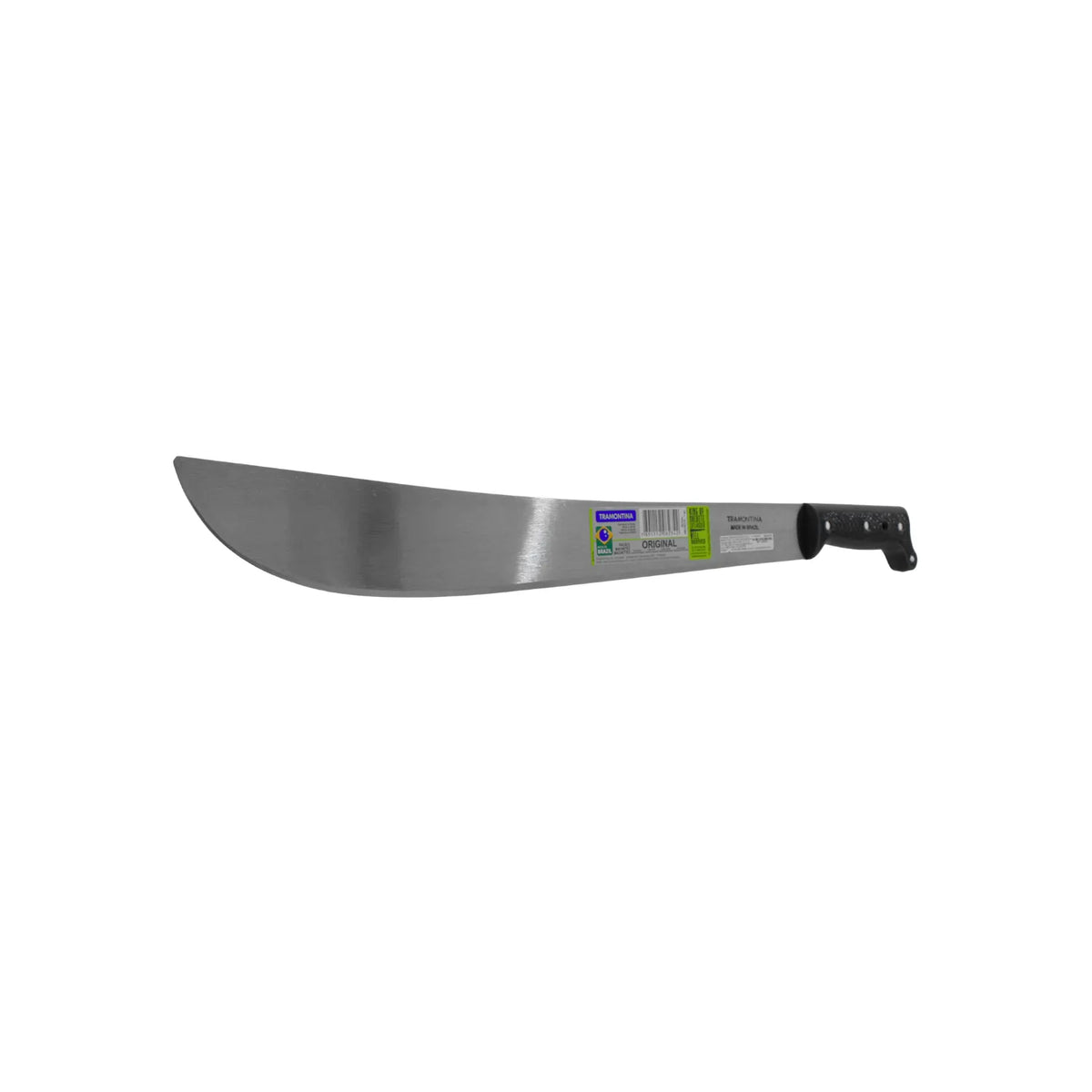 Machete Tramontina tipo bolo de acero con mango ergonómico negro para desmalezado y uso agrícola.