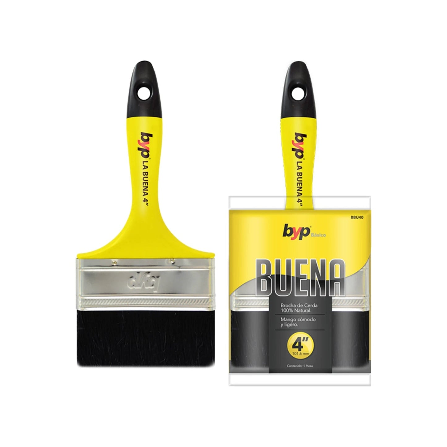 Brocha de pintura BYP Buena de 4 pulgadas, cerda 100% natural y mango amarillo ergonómico.