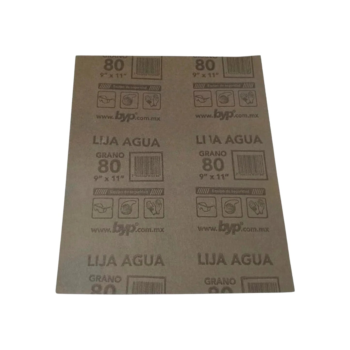 Lija de agua BYP grano 80 de 9x11 pulgadas para lijado y preparación de superficies.