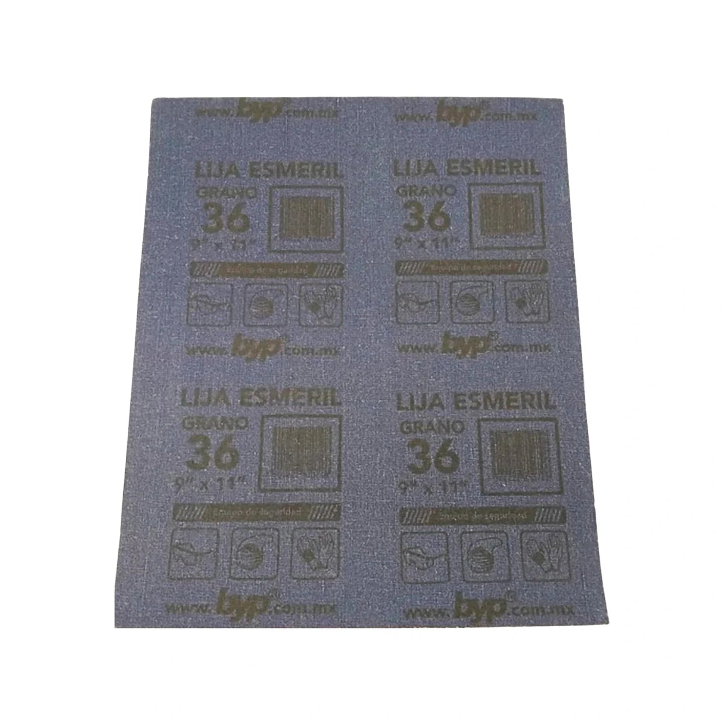Lija de esmeril Byp grano 36, 9x11 pulgadas, azul para lijado grueso de superficies.