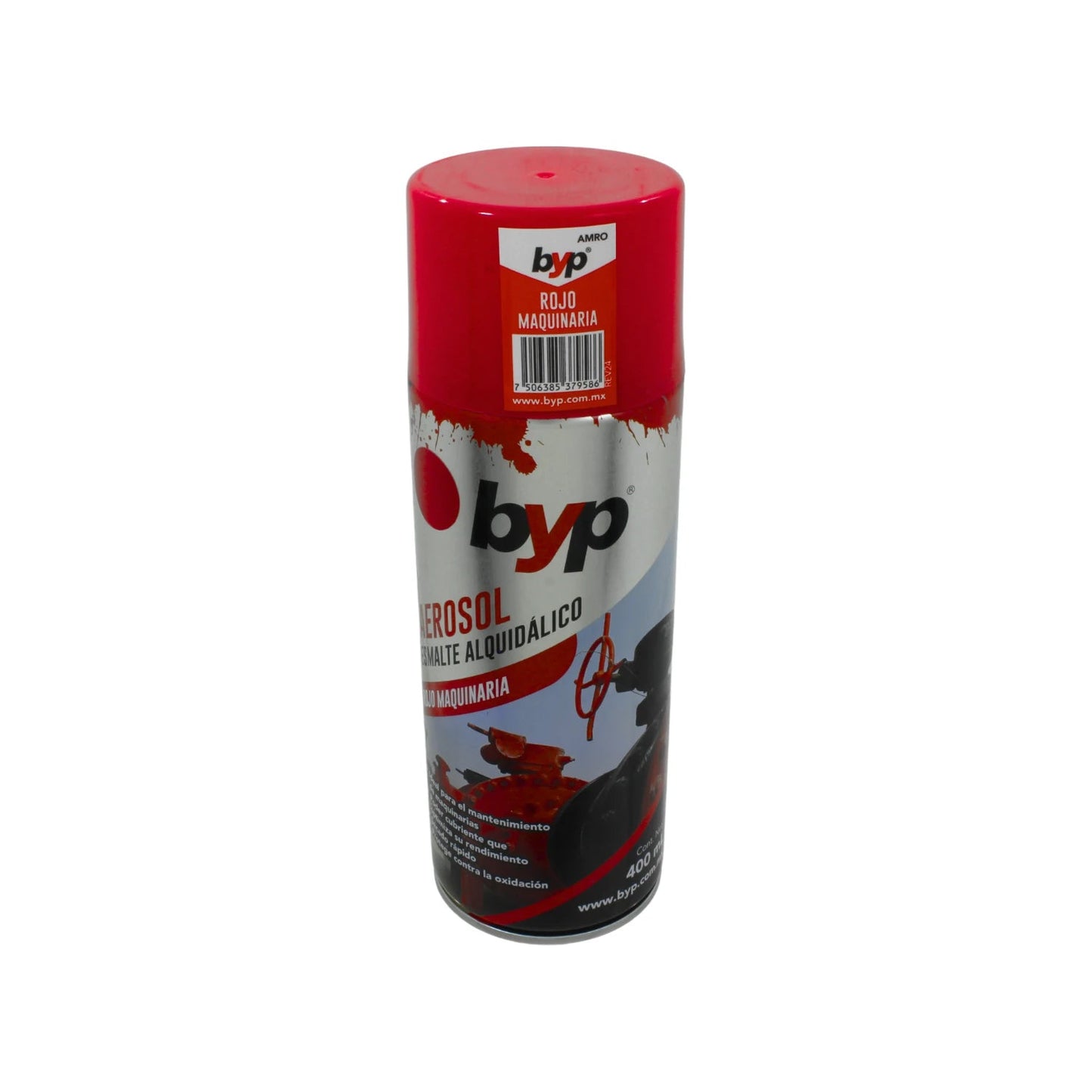 Pintura aerosol Byp rojo maquinaria 400ml, esmalte alquidálico antioxidante para protección.