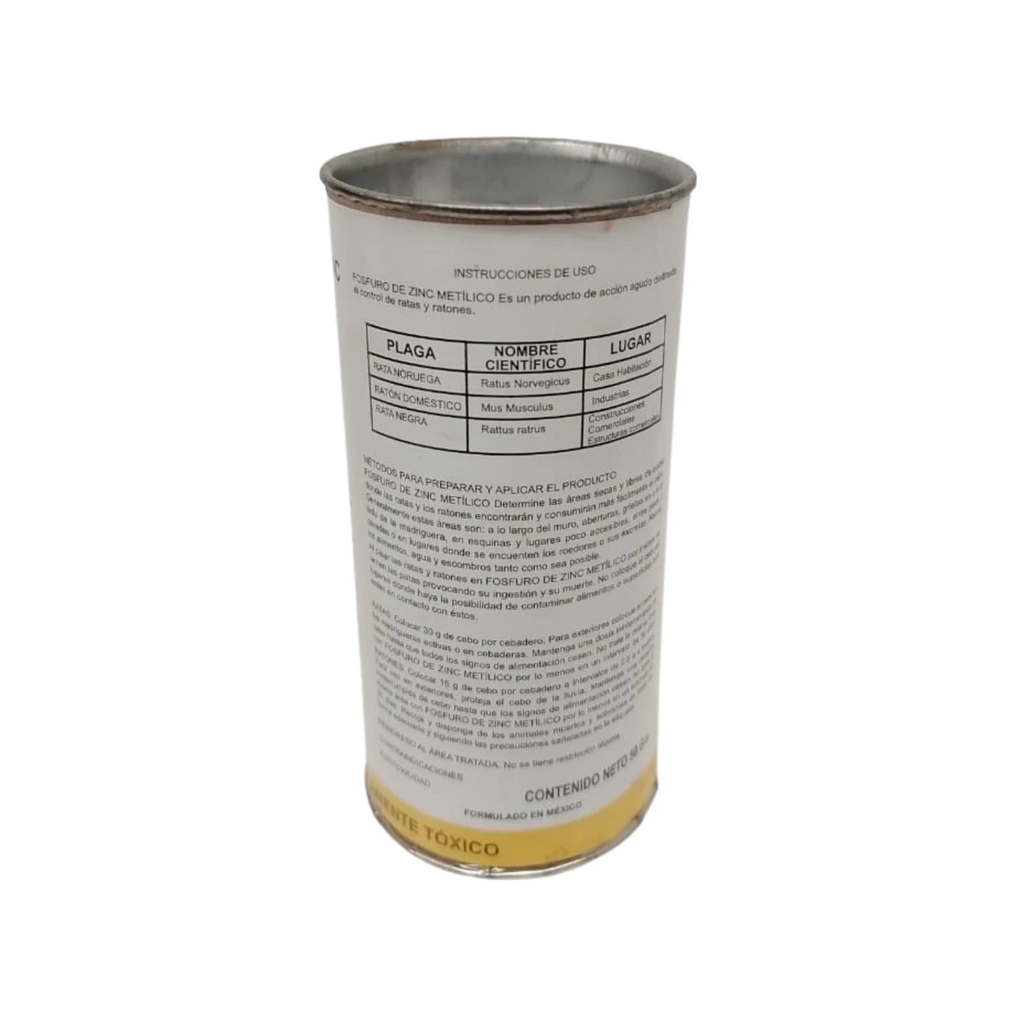 Raticida fosfuro de zinc 50g para control de ratas y ratones en lata metálica con base amarilla.