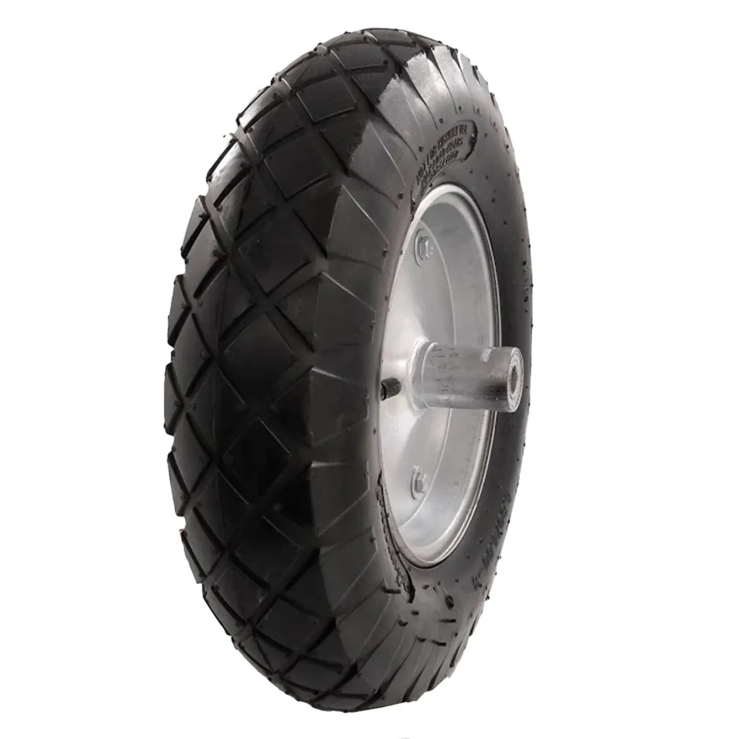 Rueda sólida negra con banda de rodadura de diamante, eje de acero. Ideal para carretilla, carro de mano o remolque.