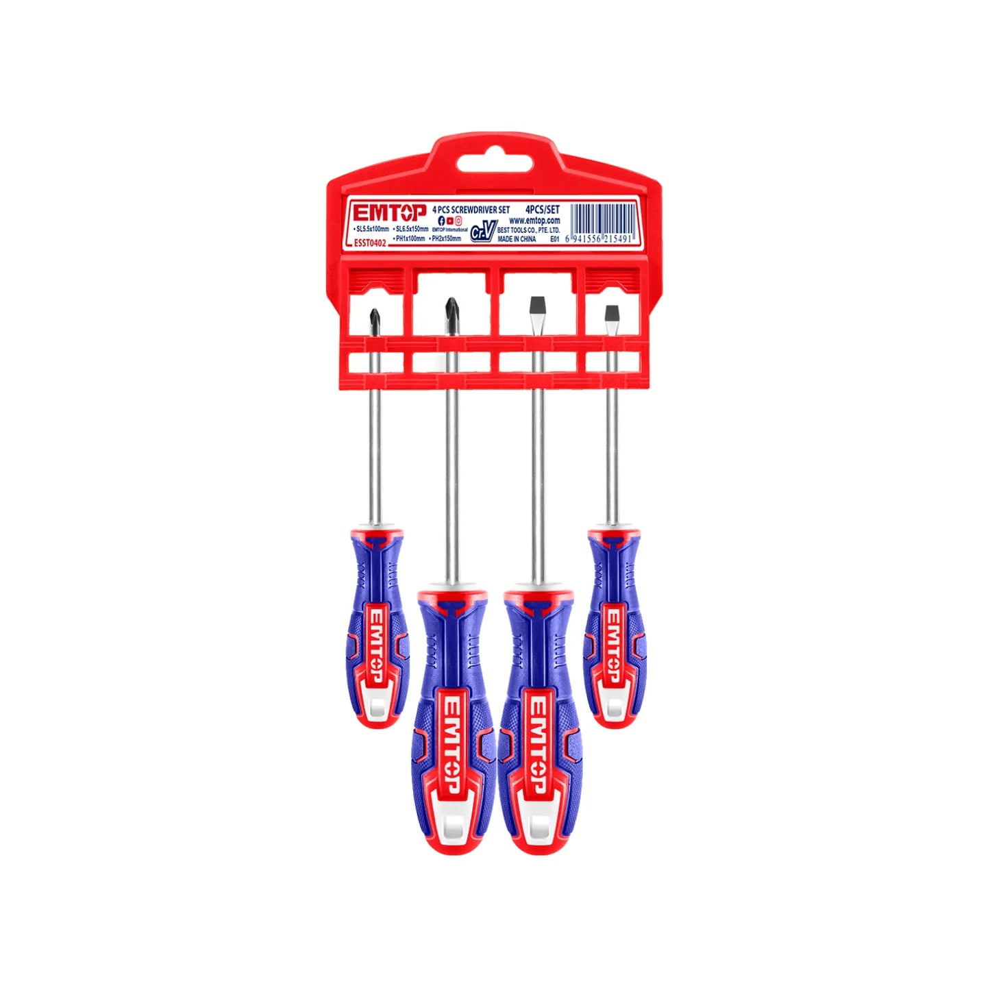 Juego de 4 destornilladores EMTOP Phillips y planos, mangos ergonómicos azules y rojos.