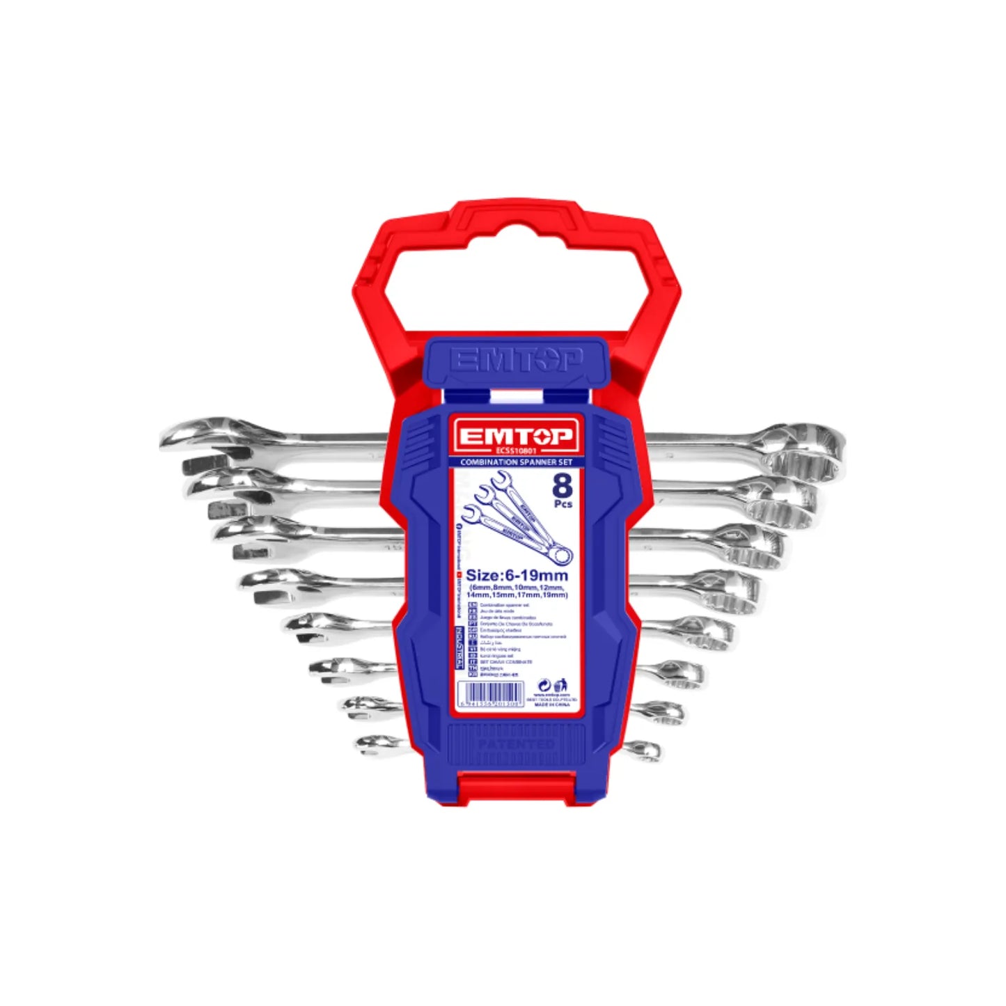 Juego de 8 llaves combinadas EMTOP, medidas 6-19mm, acabado cromado para taller.