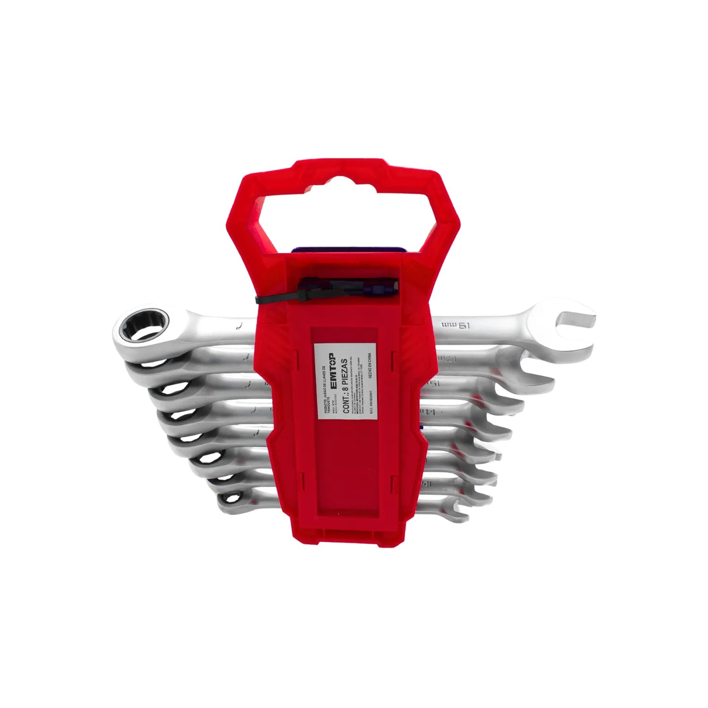 Juego de 8 llaves combinadas con matraca EMTOP en organizador plástico rojo para taller mecánico.