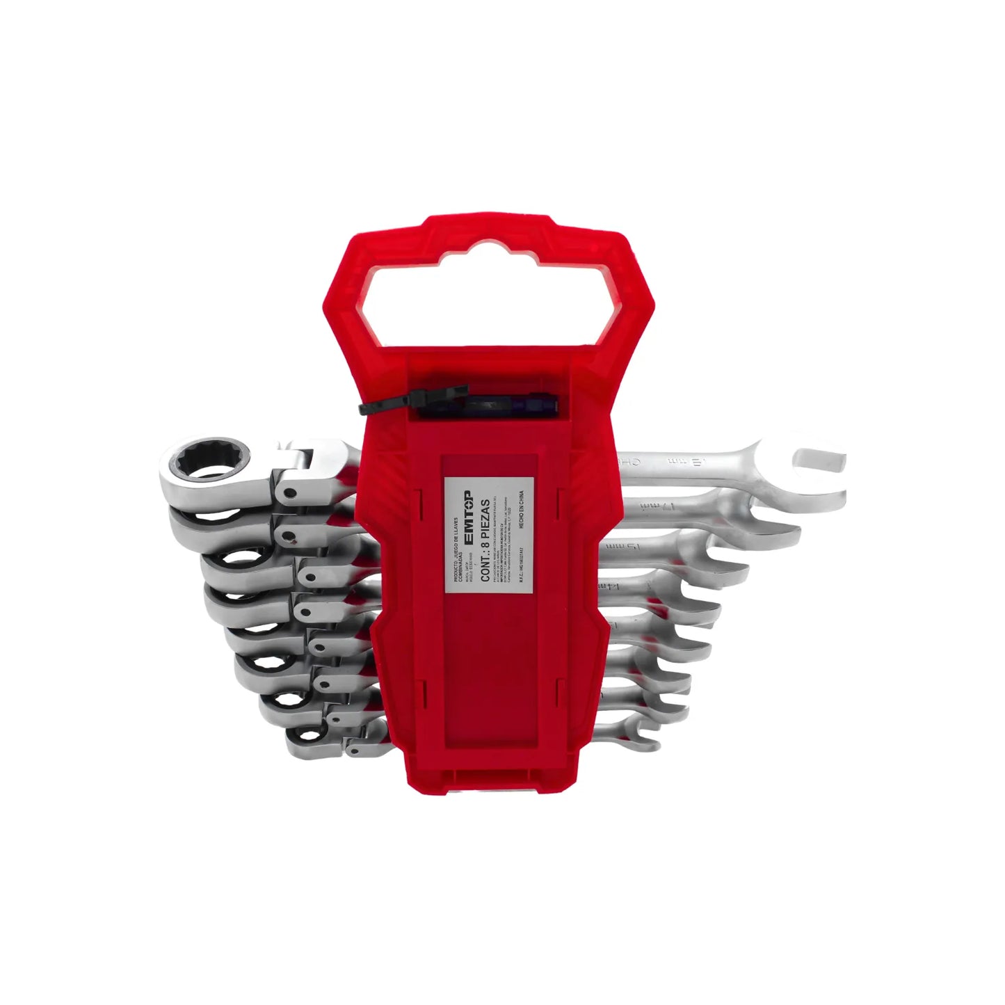 Juego de 8 llaves combinadas de matraca con cabeza flexible EMTOP en estuche rojo para mecánica profesional.