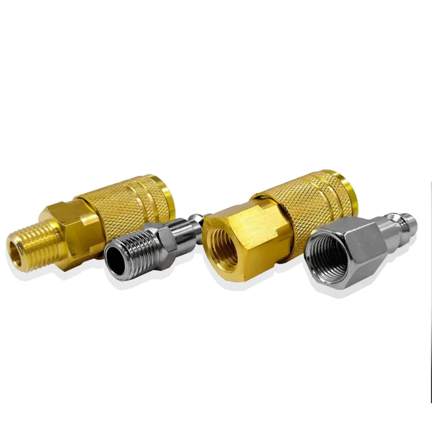 Acoples rápidos neumáticos de latón y cromo para compresores, incluye conectores hembra y machos con rosca.