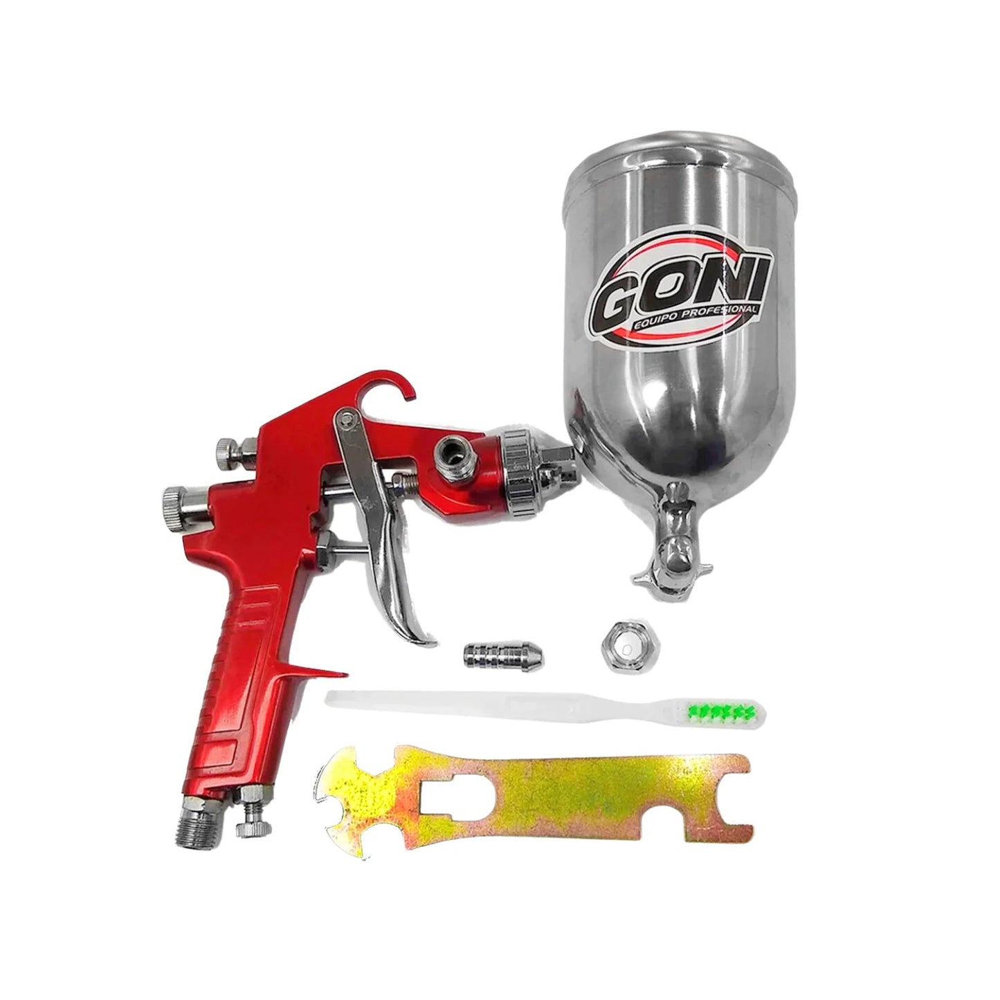Pistola para pintar de gravedad GONI roja con taza plateada, cepillo de limpieza y llave multiusos para proyectos