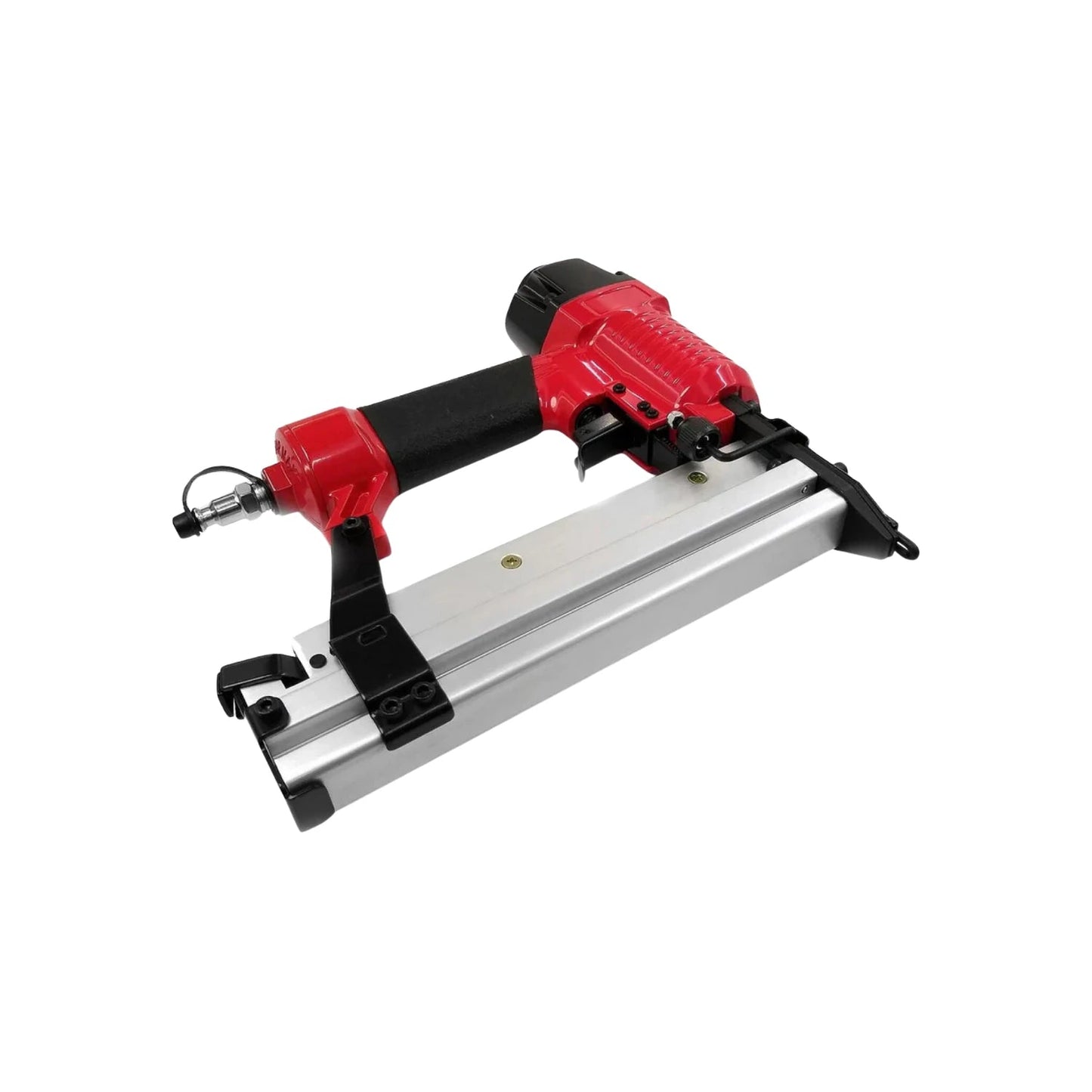 Clavadora y engrapadora neumática roja y negra con cargador plateado para trabajos en madera