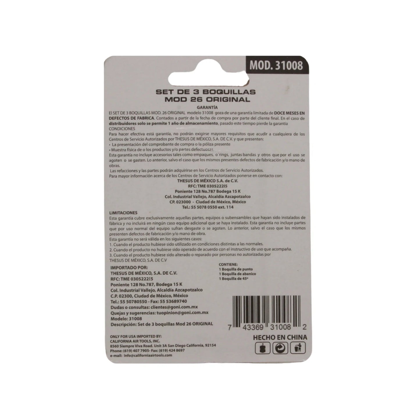 Set de 3 boquillas Mod 26/31008 para pistola de pintar, incluye boquillas de punto, abanico y 45 grados.