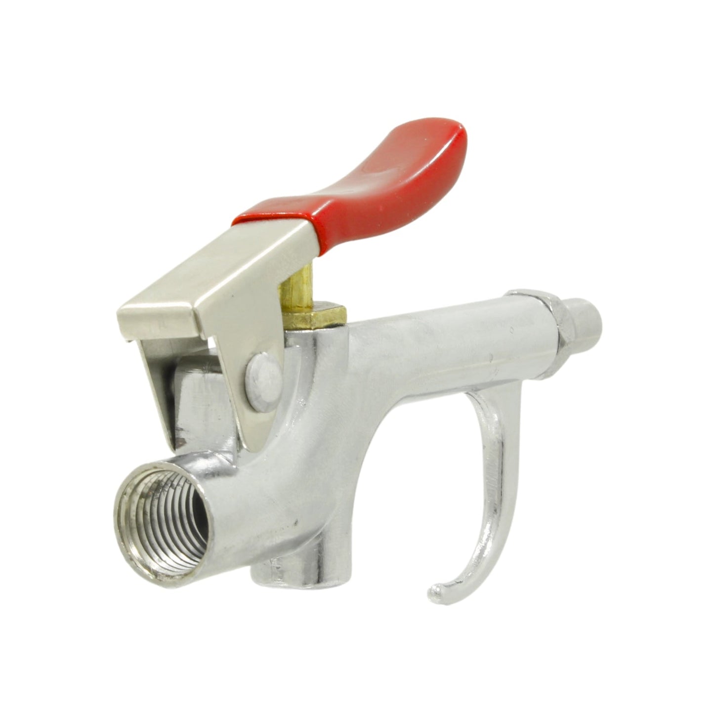 Pistola para sopletear mini de aire comprimido con cuerpo metálico plateado y palanca activadora roja para limpieza.