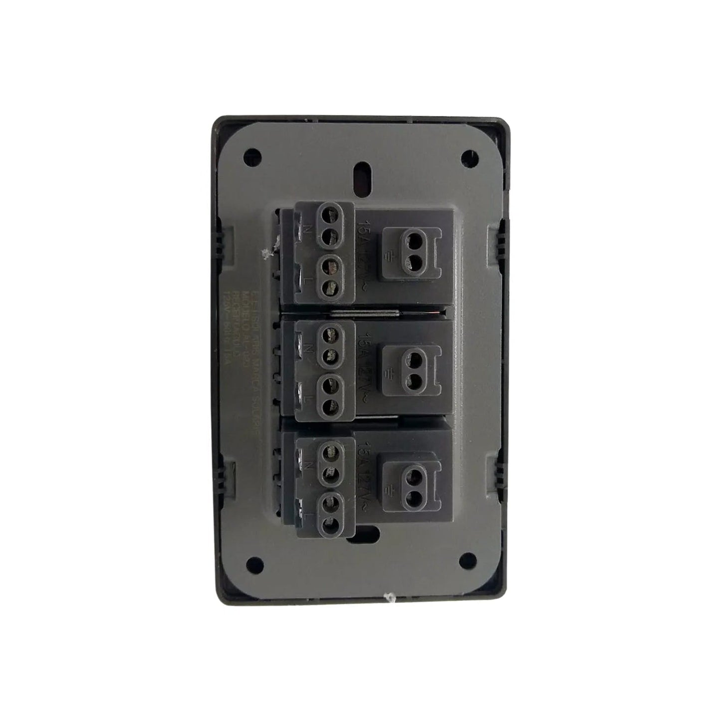 Placa eléctrica Solaris AL613NG, vista posterior con 3 contactos, 15A 125V, para cableado e instalación eléctrica, gris