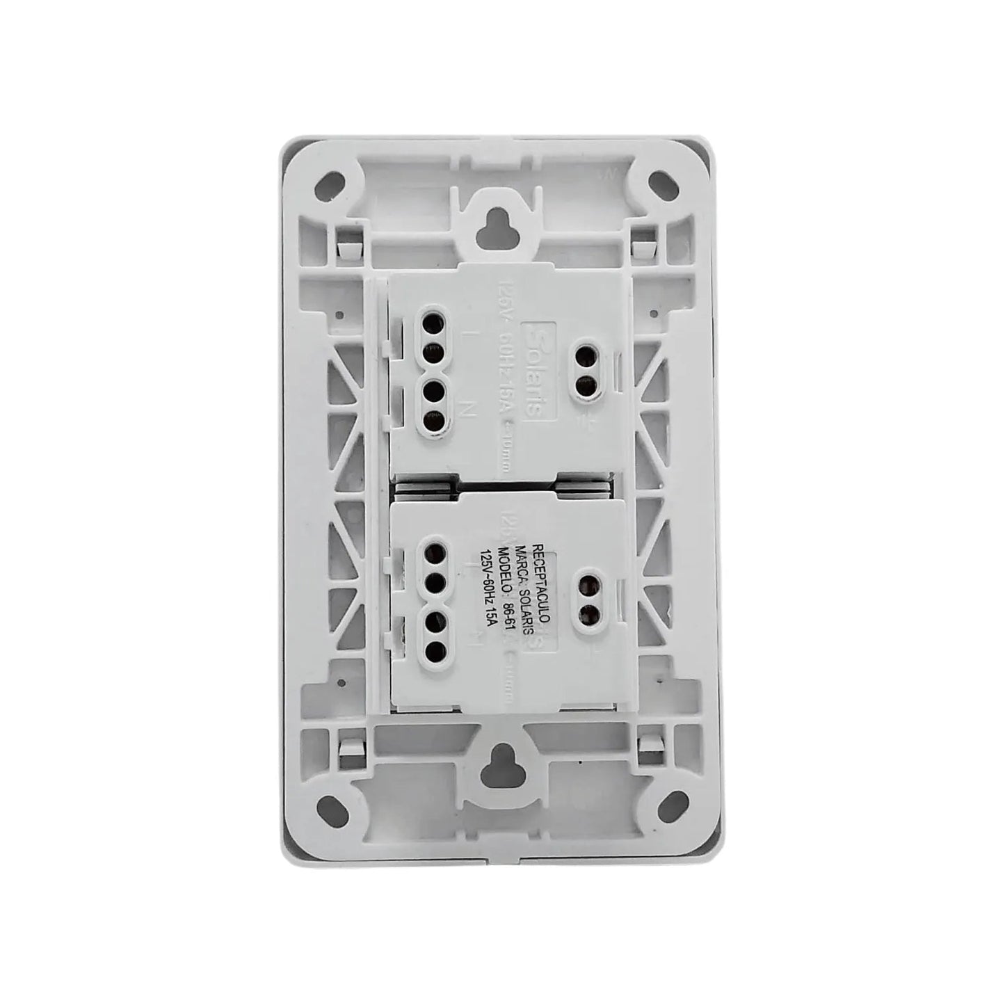 Placa eléctrica doble 2 contactos Solaris blanca 15A 125V modelo 86-61, vista posterior con terminales de conexión