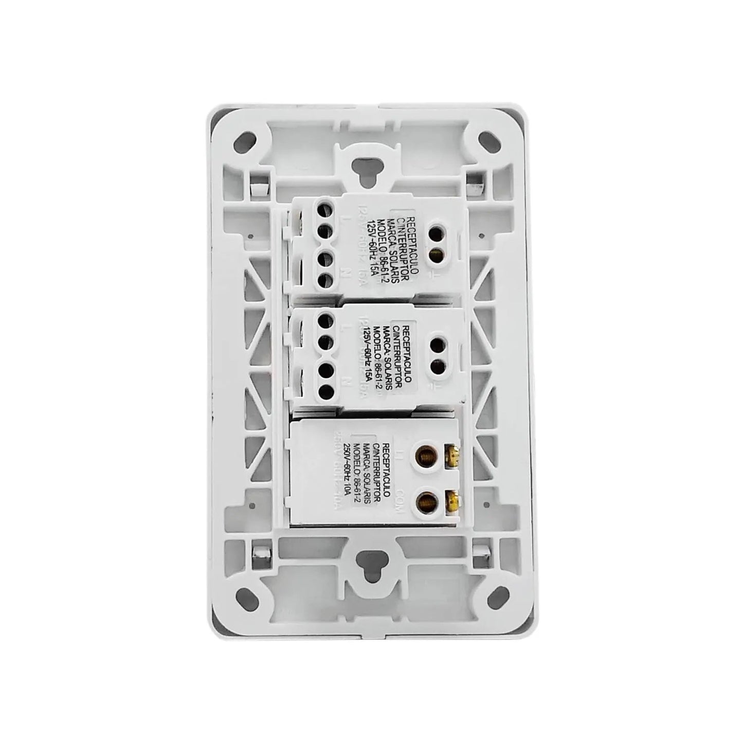 Placa eléctrica blanca Solaris 86-612 con 2 receptáculos y 3 interruptores, vista posterior con terminales y especificaciones 125V 15A y 250V 10A