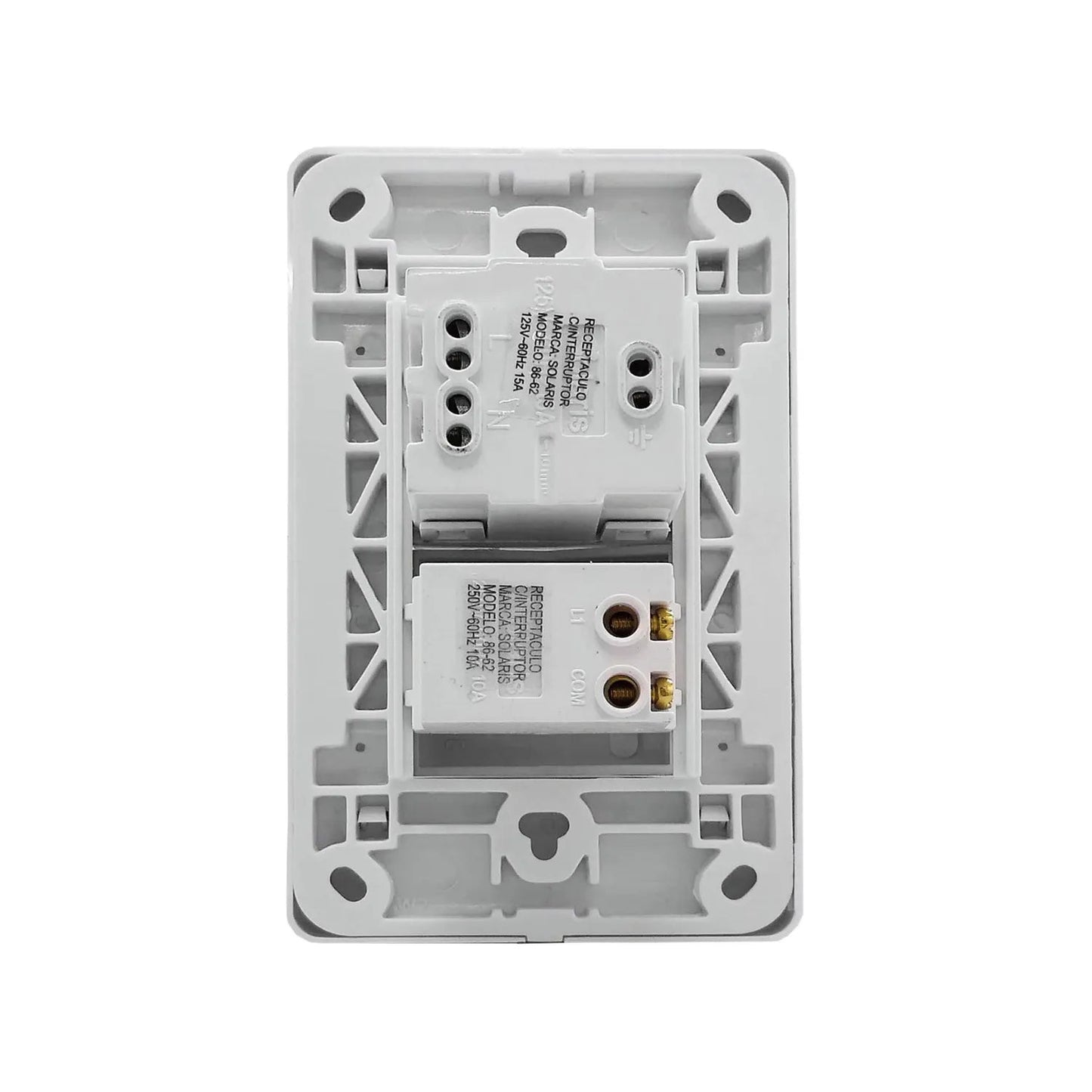 Placa blanca Solaris 86-62 con 1 apagador 10A y 1 contacto 15A, vista trasera para conexiones eléctricas.