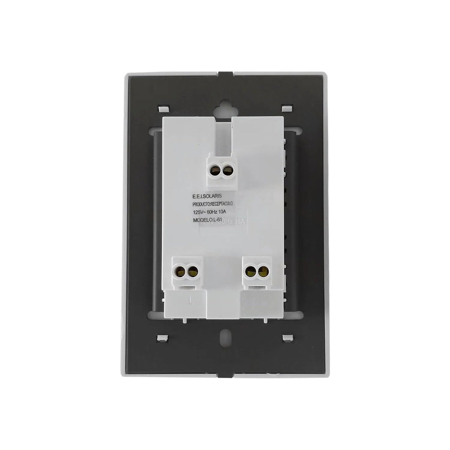 Parte posterior placa eléctrica blanca Solaris L-61, receptáculo 2 contactos push-in, 125V 10A.