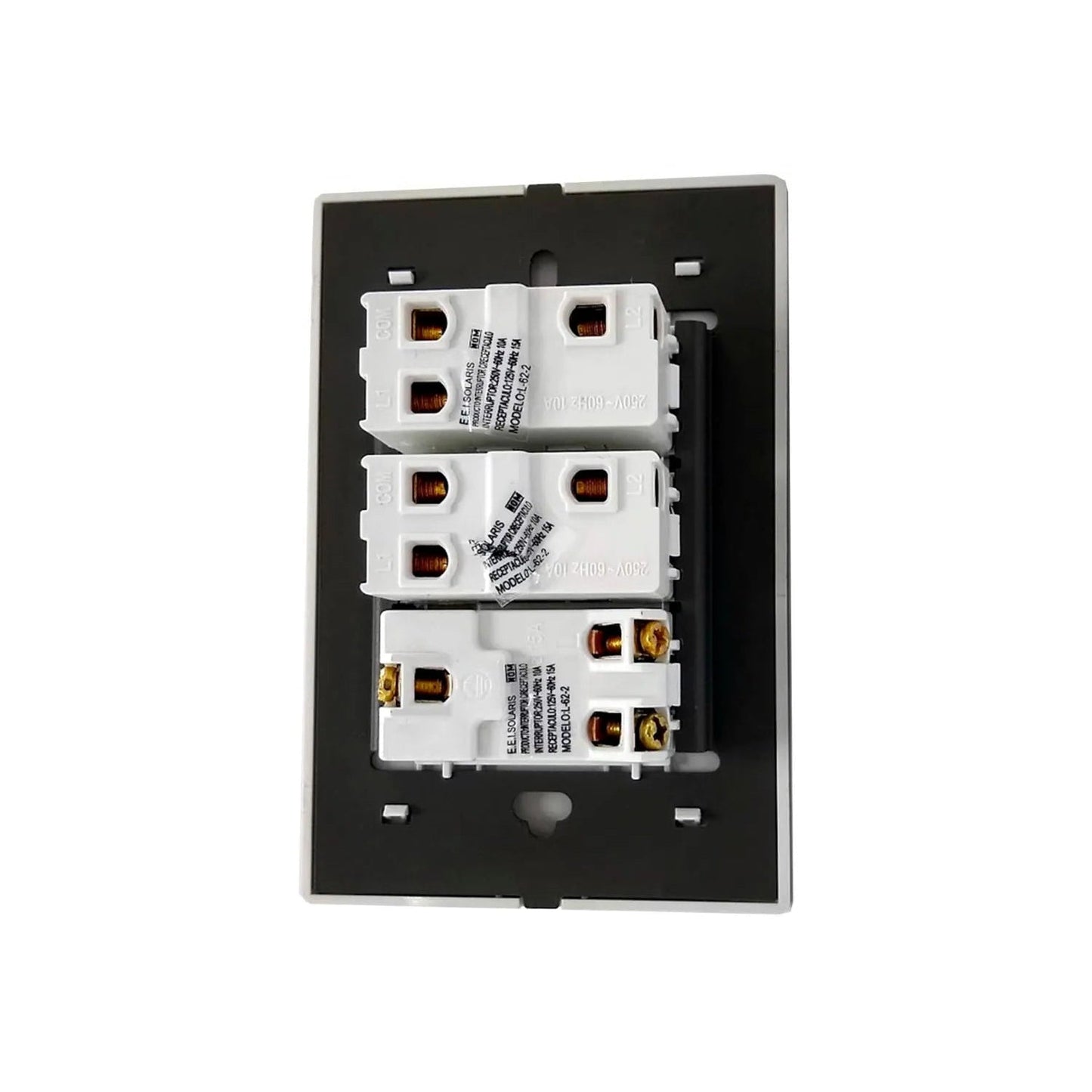 Placa de pared blanca con 2 interruptores de escalera y 1 receptáculo eléctrico, Solaris L-62-2 250V 10A/15A