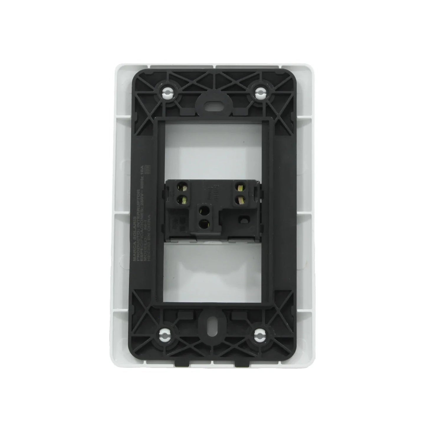 Placa blanca para interruptor de pared, vista trasera del mecanismo con terminales de conexión 250V 10A Solaris.