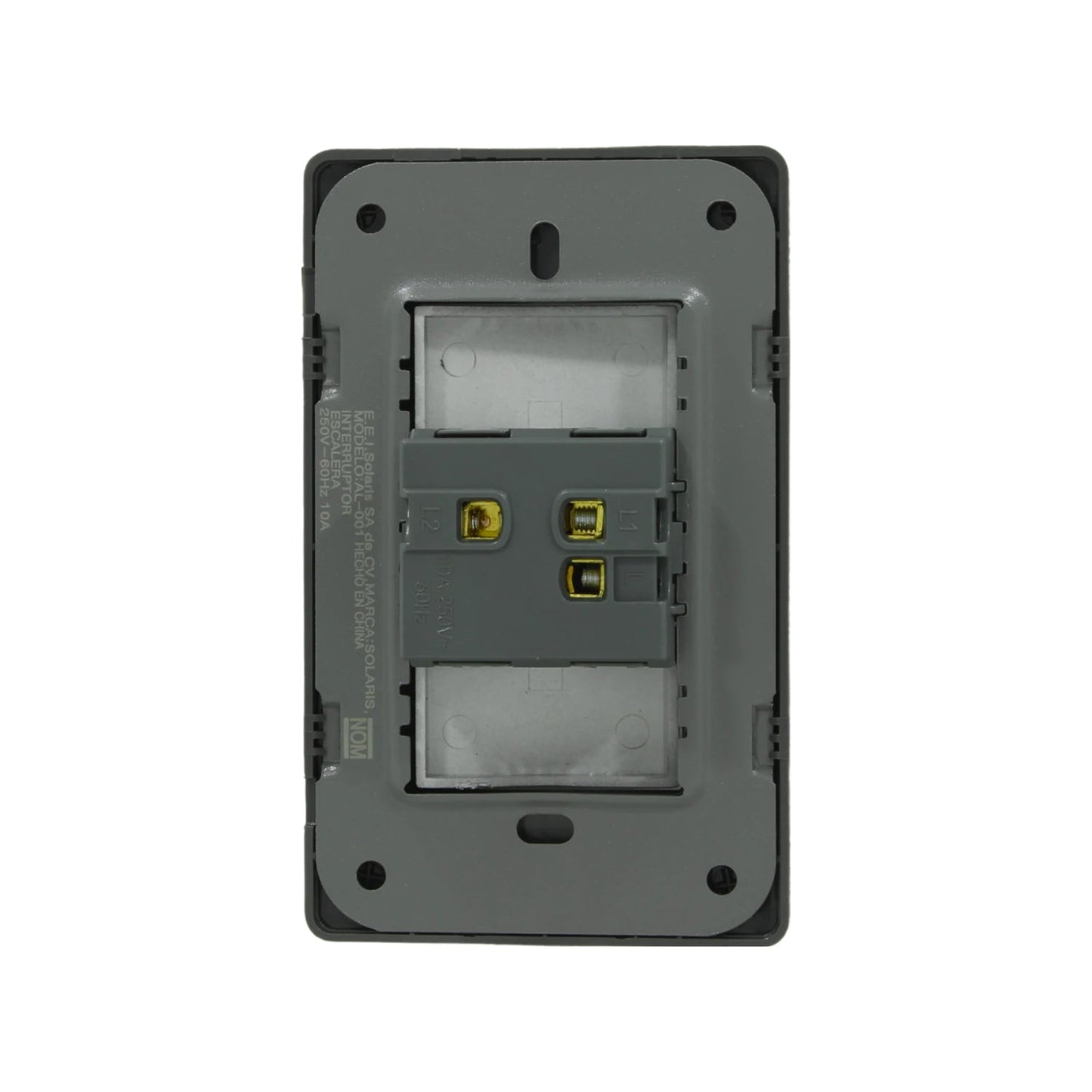 Módulo interruptor de escalera eléctrico Solaris 250V 10A, vista trasera para conexión de cableado.