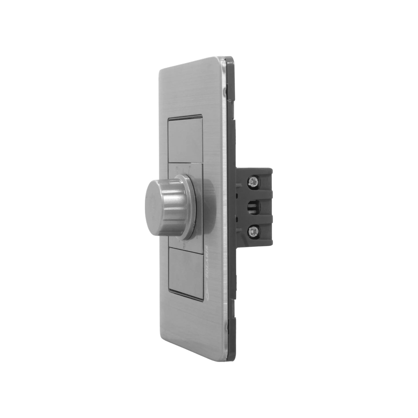 Placa de pared con 1 dimmer giratorio Solaris, acabado metálico gris, para control de intensidad de luz.