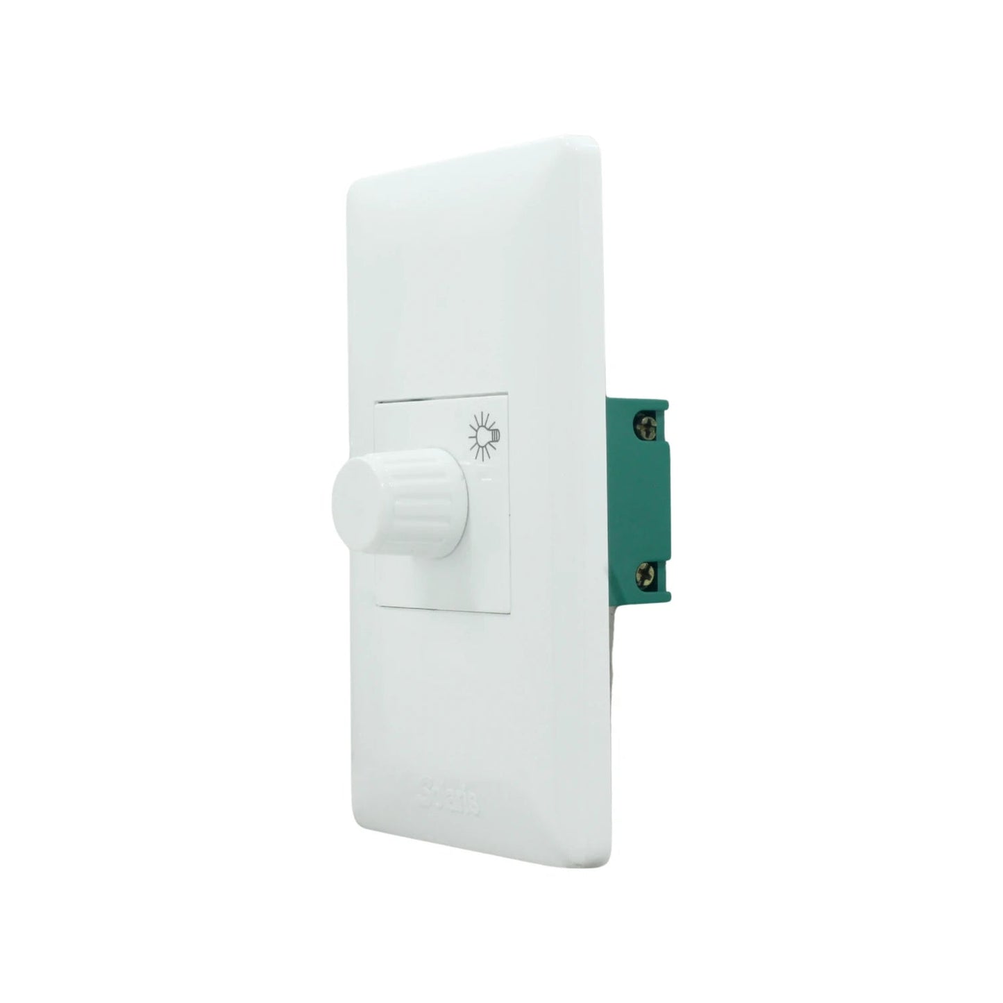 Placa eléctrica con dimmer de luz blanco Solaris, con perilla para ajustar la intensidad de iluminación.