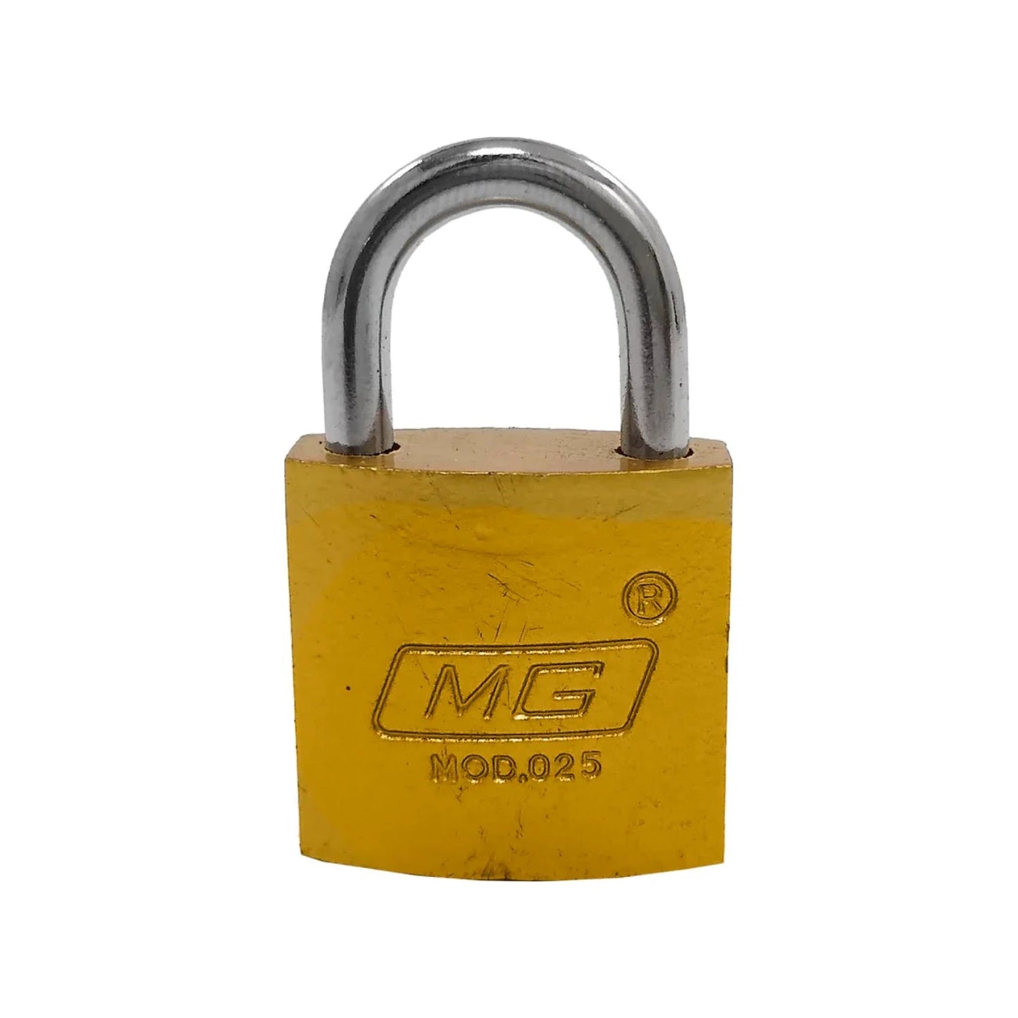 Candado MG modelo 025 dorado 25mm gancho corto, ideal para asegurar puertas y casilleros