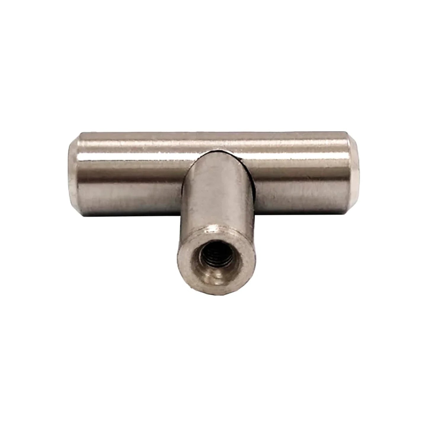 Perilla T metálica con rosca interna, acabado níquel satinado cepillado