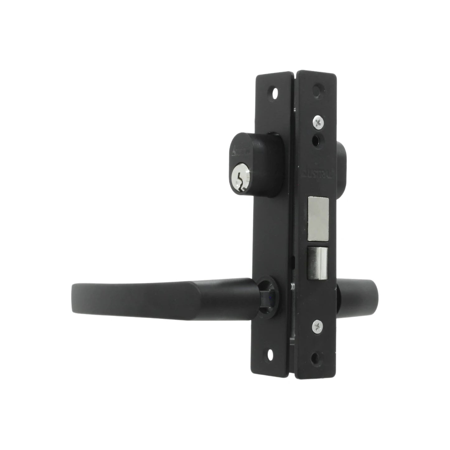 Cerradura Austral negra para puerta de aluminio con manija, picaporte y cilindro de seguridad