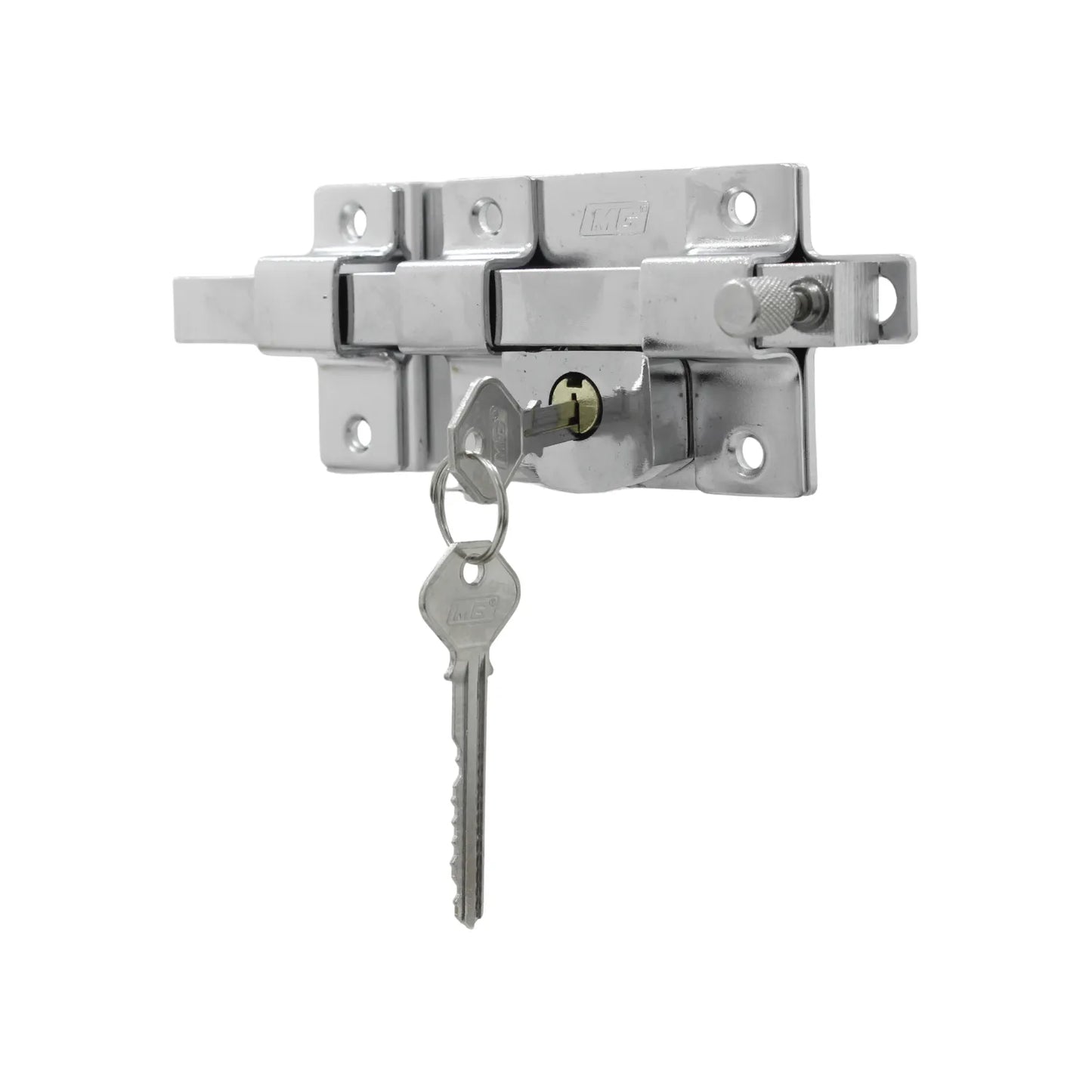 Pasador de seguridad MG cromado con cilindro integrado y dos llaves para puertas de madera o metal.