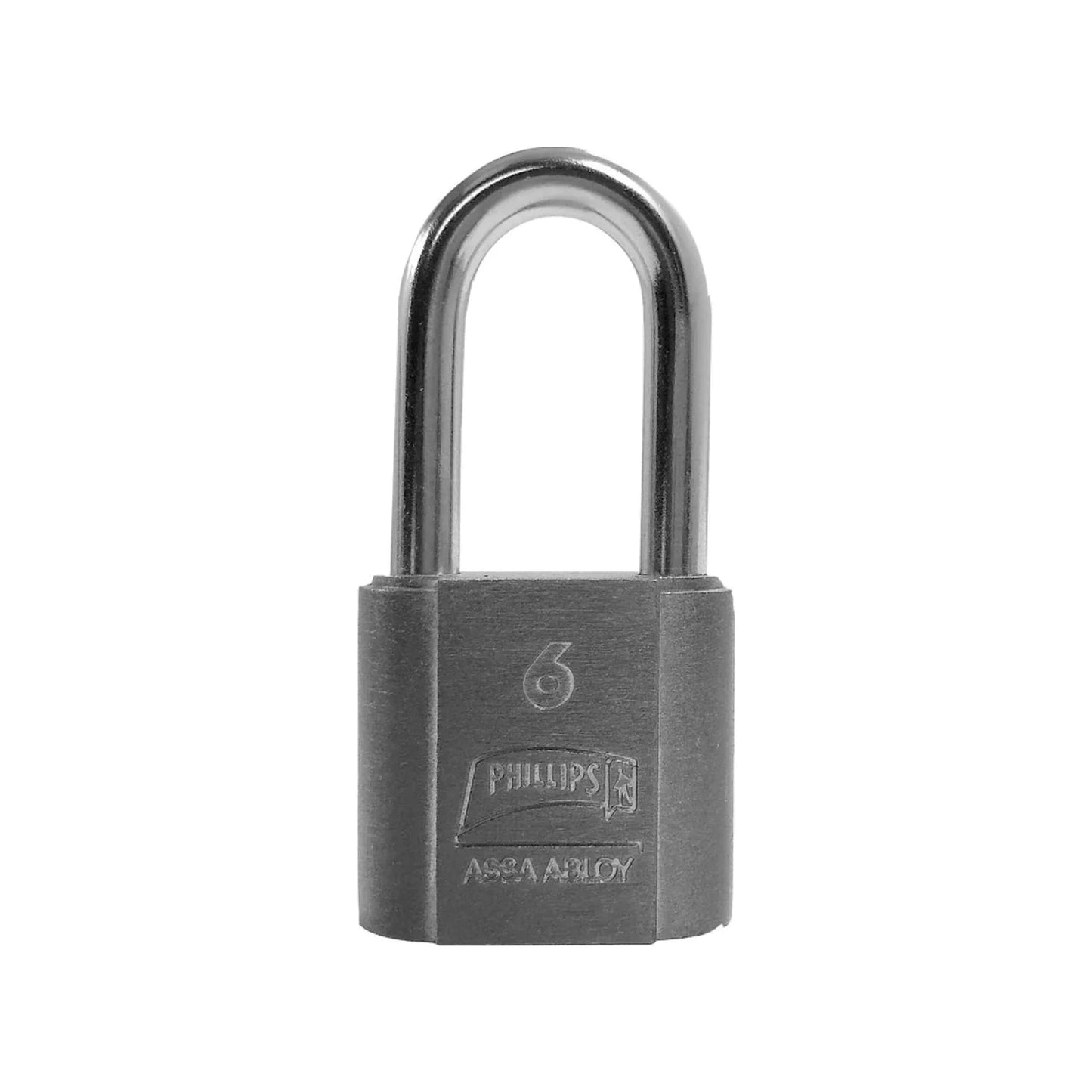 Candado Phillips gancho largo metálico gris, modelo 6 de seguridad