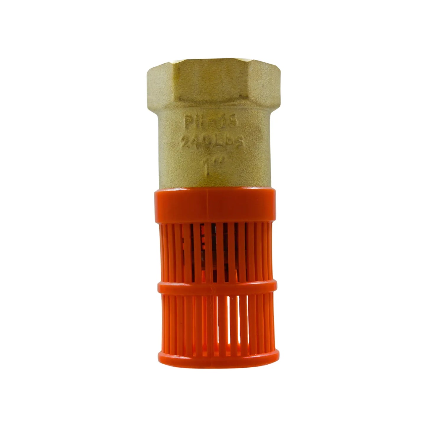 Válvula pichancha de bronce de 1 pulgada con canastilla plástica naranja para succión de agua y filtrado de residuos