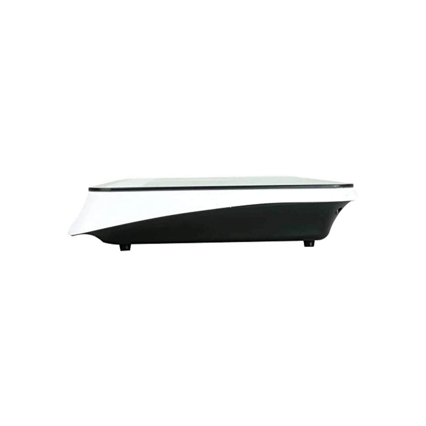 Parrilla de inducción de sobreponer compacta, blanca con base negra, vista lateral, para cocina